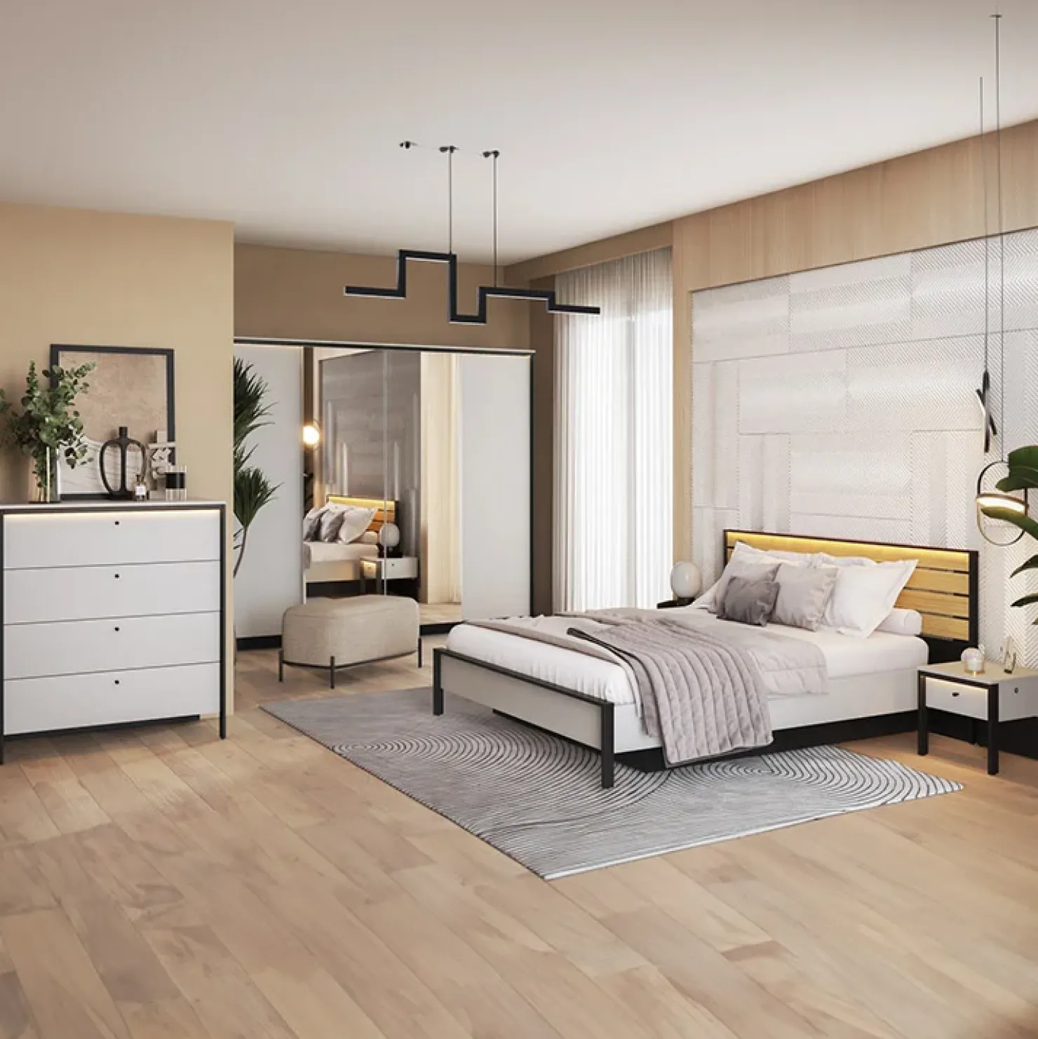 Garnero Arredamenti Letto matrimoniale contenitore 160x200cm con LED e presa USB-C grigio nero rovere Luna Online