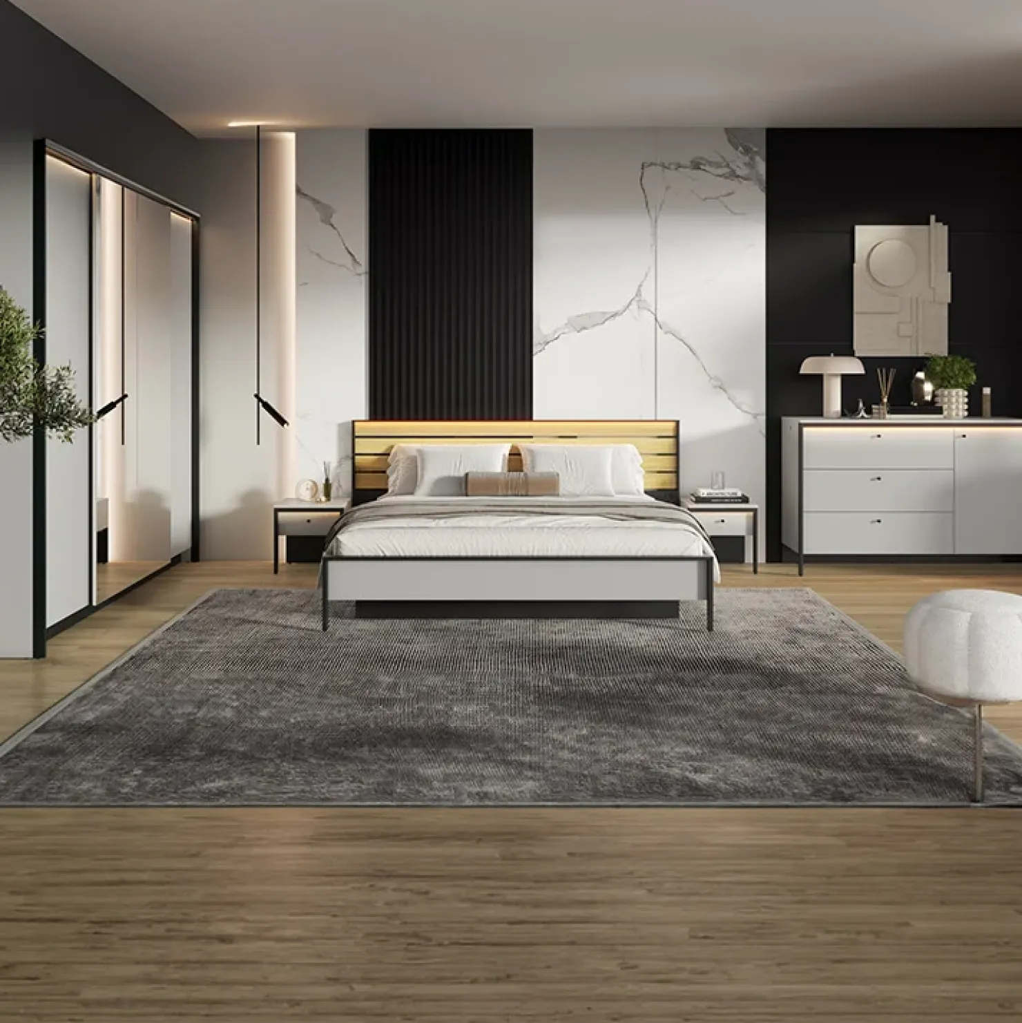 Garnero Arredamenti Letto matrimoniale contenitore 160x200cm con LED e presa USB-C grigio nero rovere Luna Online