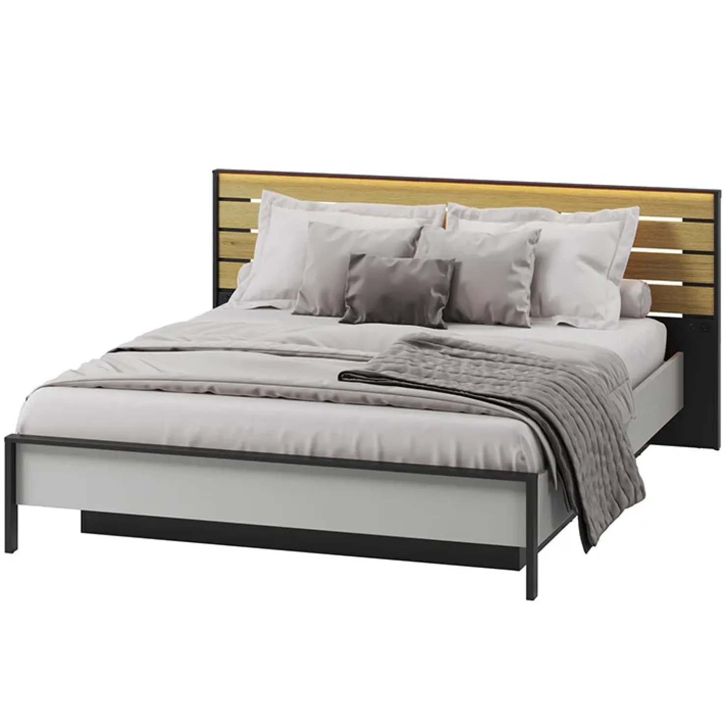 Garnero Arredamenti Letto matrimoniale contenitore 160x200cm con LED e presa USB-C grigio nero rovere Luna Online