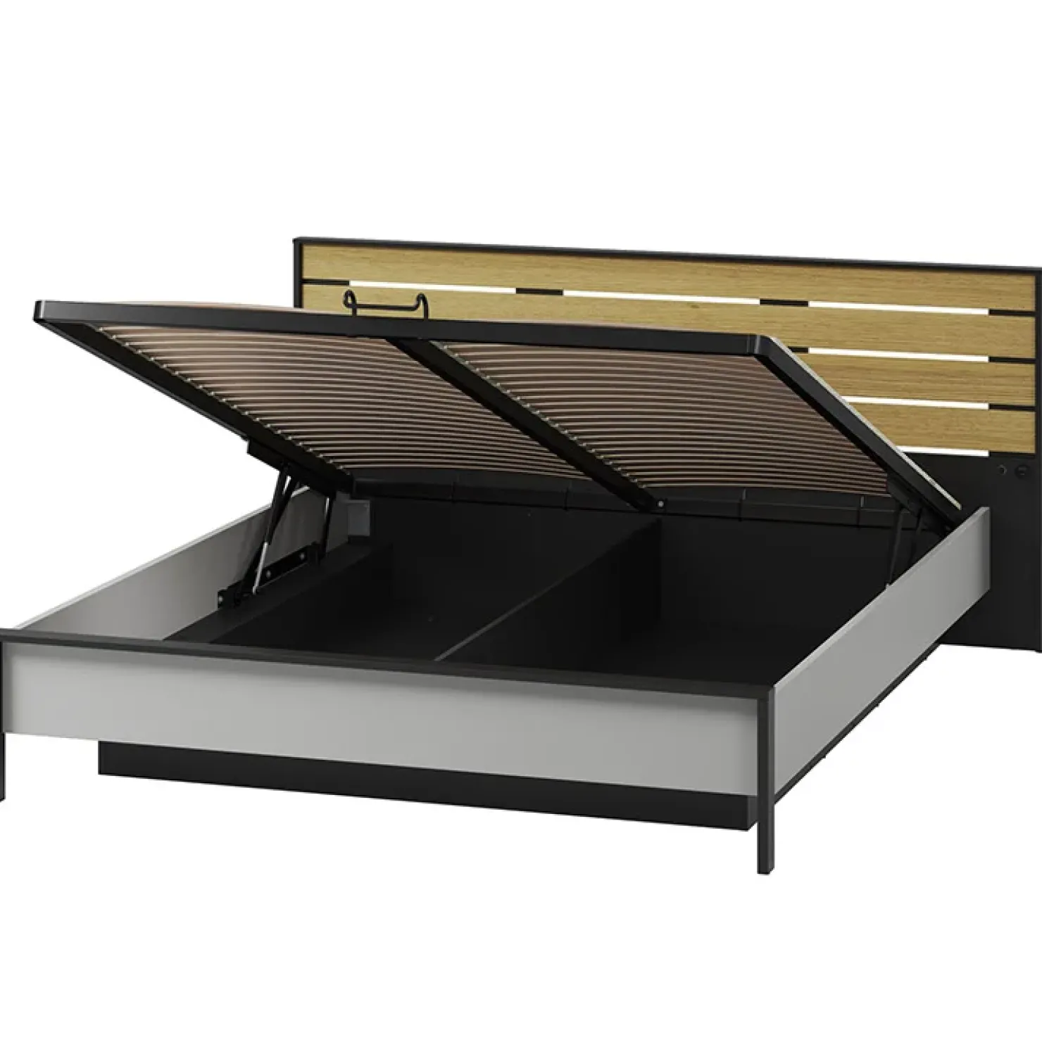 Garnero Arredamenti Letto matrimoniale contenitore 160x200cm con LED e presa USB-C grigio nero rovere Luna Online