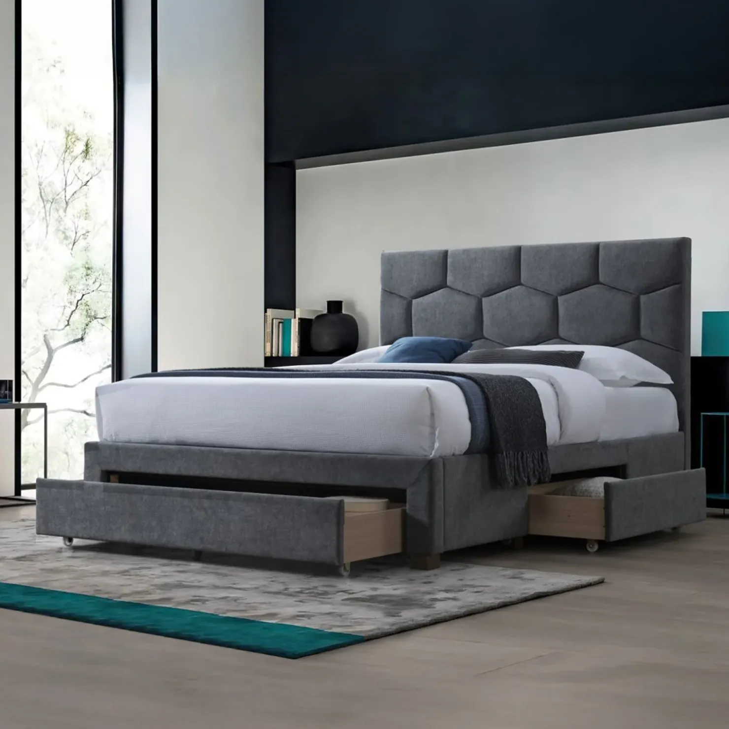 Garnero Arredamenti Letto matrimoniale 160x200 cm con rete a doghe imbottito con cassetti contenitore grigio Jay Outlet