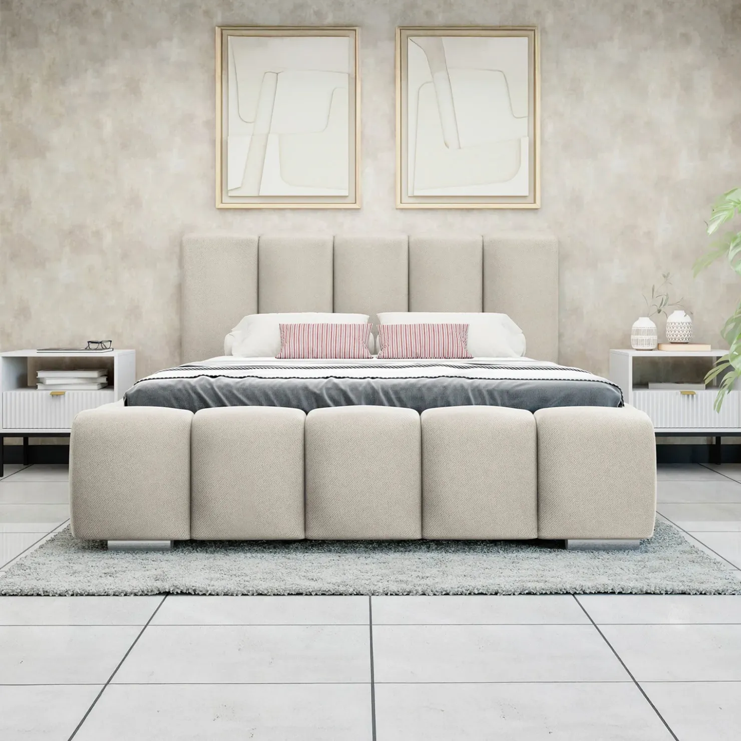Garnero Arredamenti Letto matrimoniale 160x200 cm con rete contenitore imbottito beige Cometa Tessuto Paros Beige Clearance