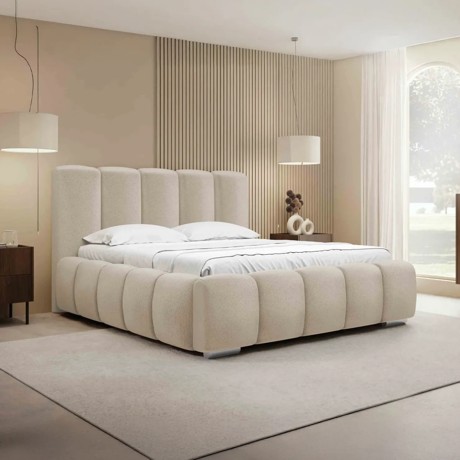 Garnero Arredamenti Letto matrimoniale 160x200 cm con rete contenitore imbottito beige Cometa Tessuto Paros Beige Clearance