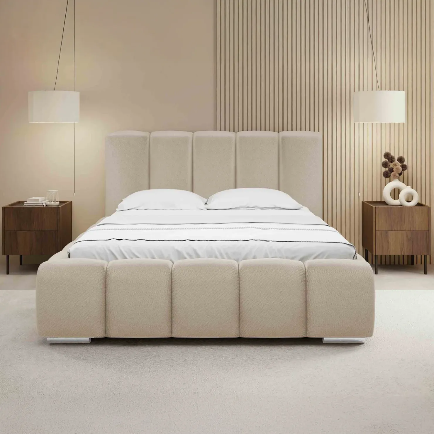 Garnero Arredamenti Letto matrimoniale 160x200 cm con rete contenitore imbottito beige Cometa Tessuto Paros Beige Clearance