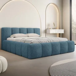 Garnero Arredamenti Letto matrimoniale 160x200cm con rete contenitore imbottito tessuto bouclé turchese Aluna Tessuto Abriamo Turchese Hot