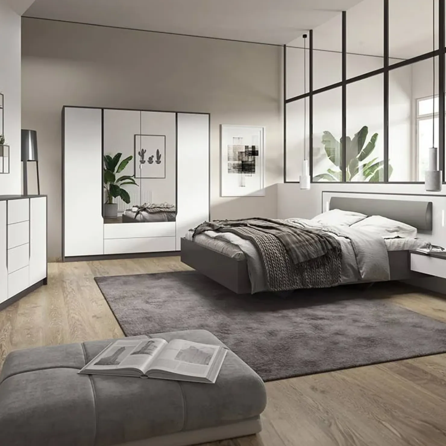 Garnero Arredamenti Letto matrimoniale 160x200cm con comodini grigio scuro bianco Allison Hot