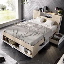 Garnero Arredamenti Letto matrimoniale 160x200cm con cassettoni e libreria rovere bianco Nolito Bianco Opaco - Rovere Best