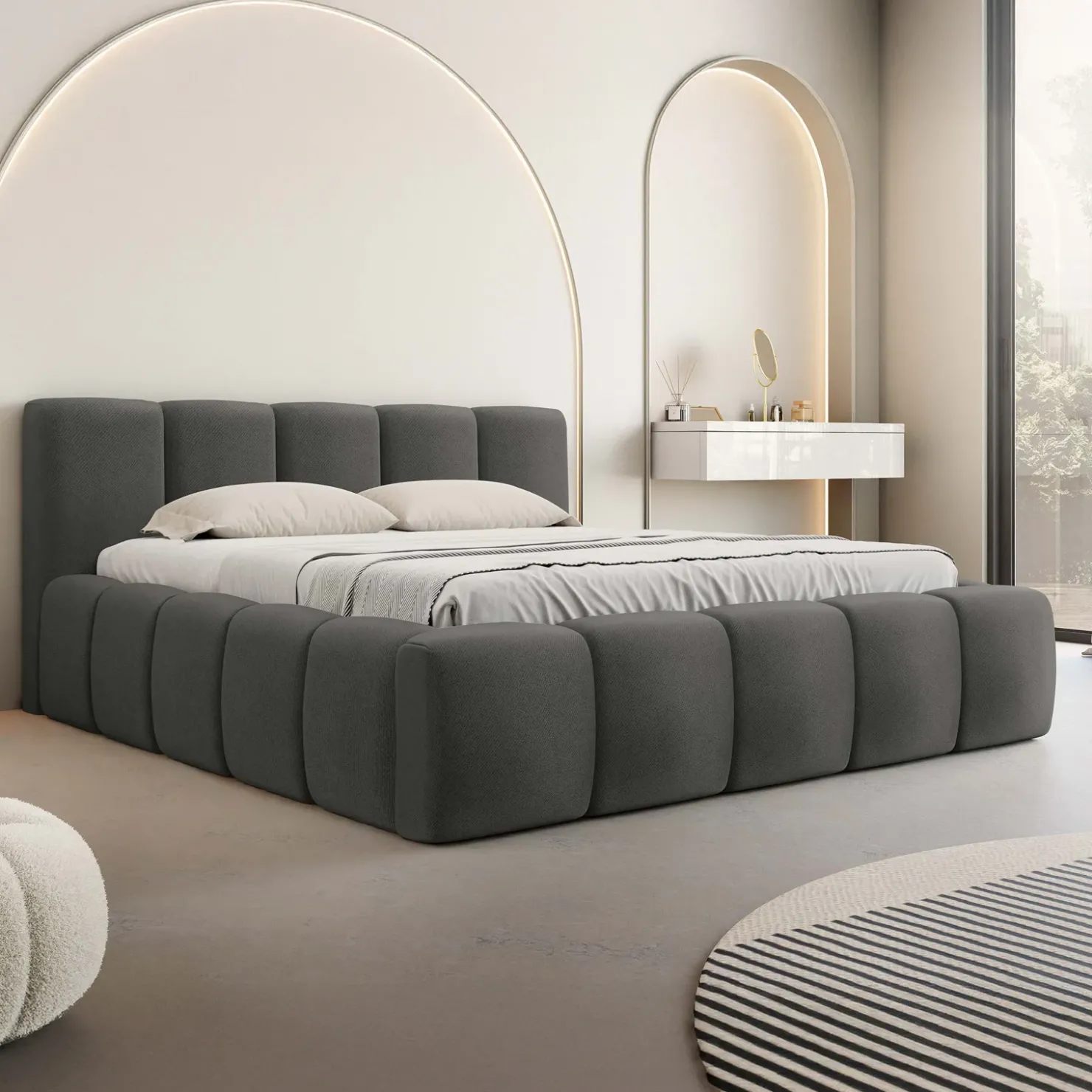 Garnero Arredamenti Letto matrimoniale 160x200cm con rete contenitore imbottito grigio scuro Aluna Tessuto Kronos Grigio Scuro Hot