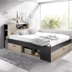 Garnero Arredamenti Letto matrimoniale 160x200cm con cassettoni e libreria rovere antracite Nolito Rovere - Antracite