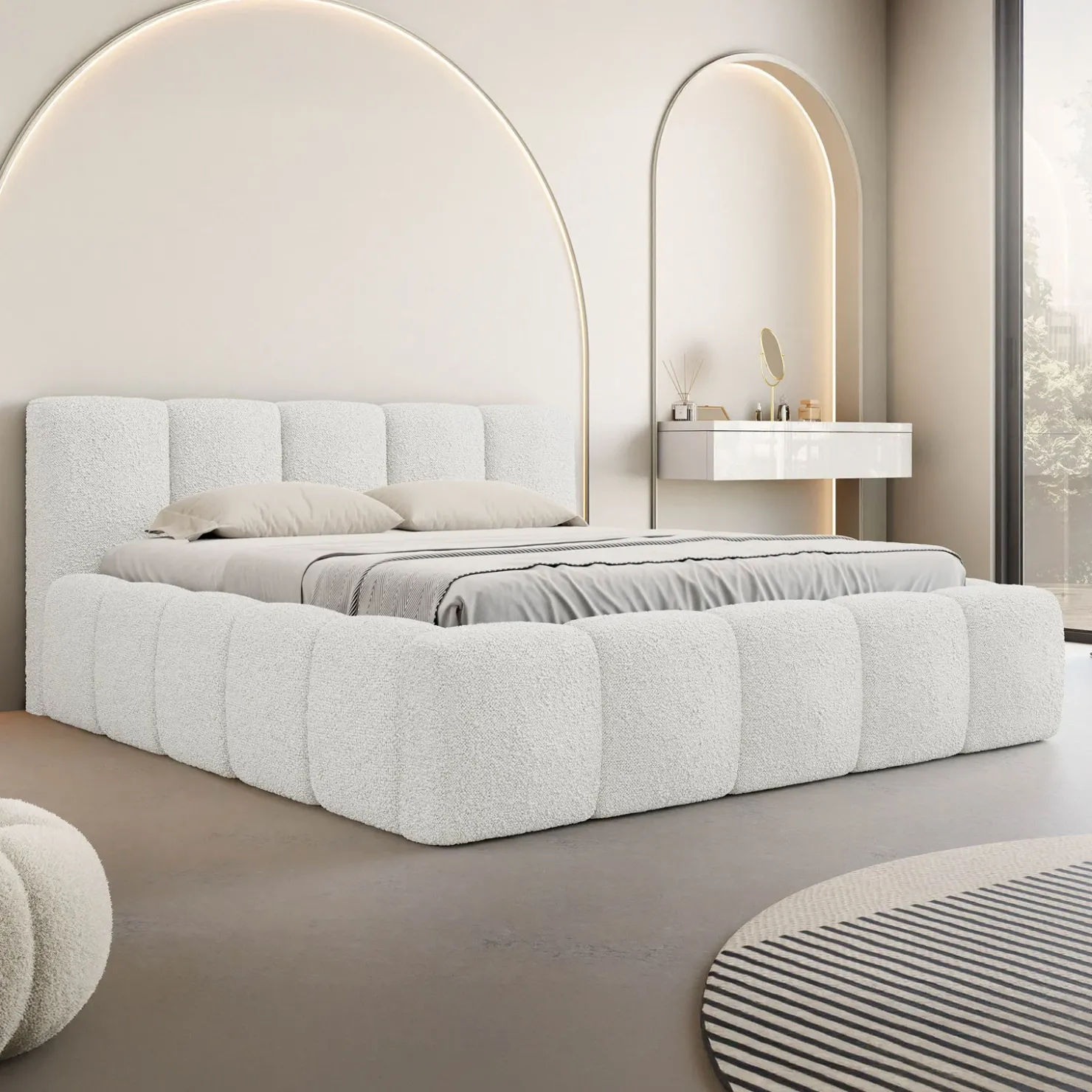 Garnero Arredamenti Letto matrimoniale 160x200cm con rete contenitore imbottito tessuto bouclé bianco Aluna Tessuto Abriamo Bianco Outlet