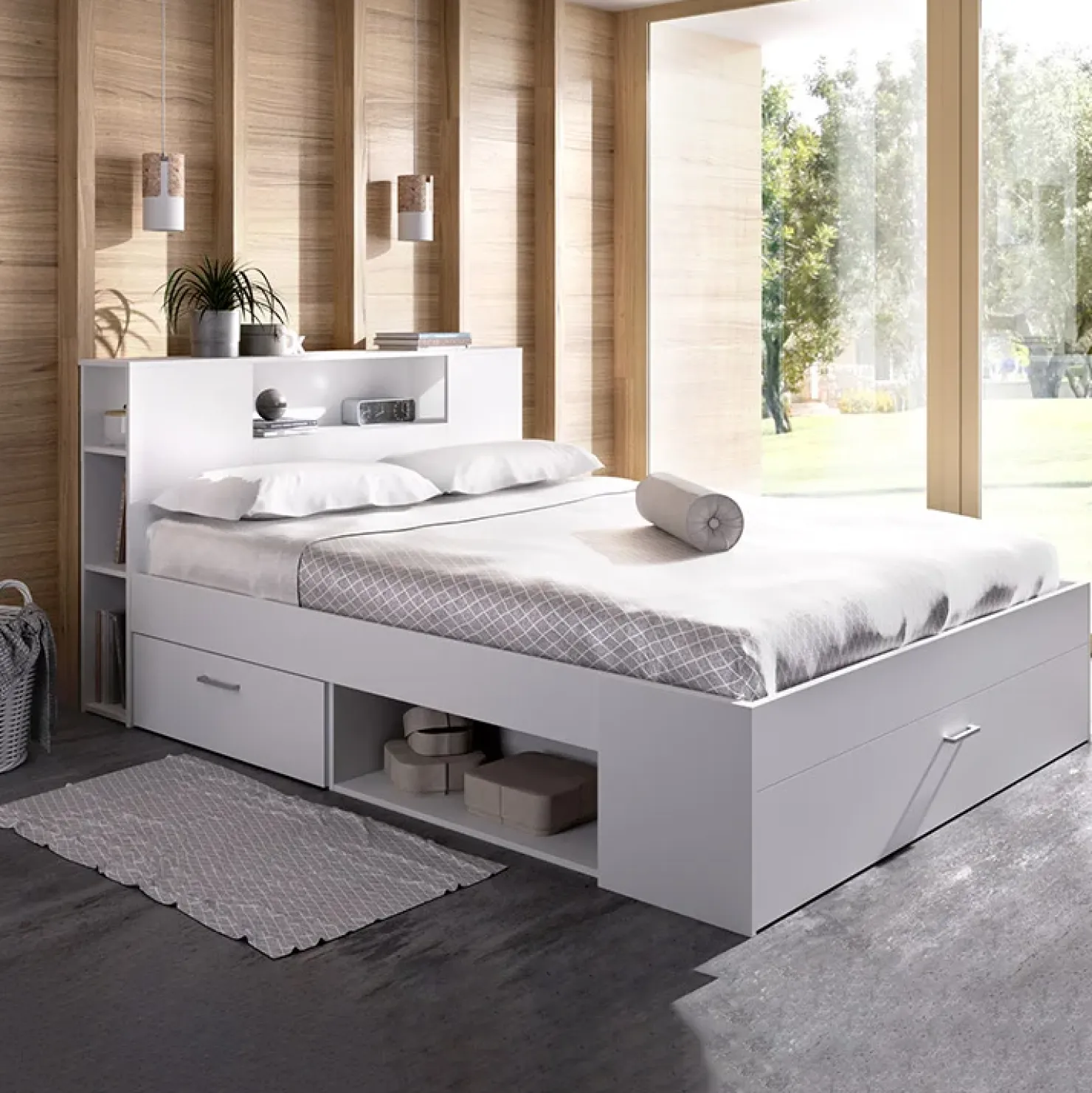 Garnero Arredamenti Letto matrimoniale 160x200cm con cassettoni e libreria Nolito Bianco Opaco