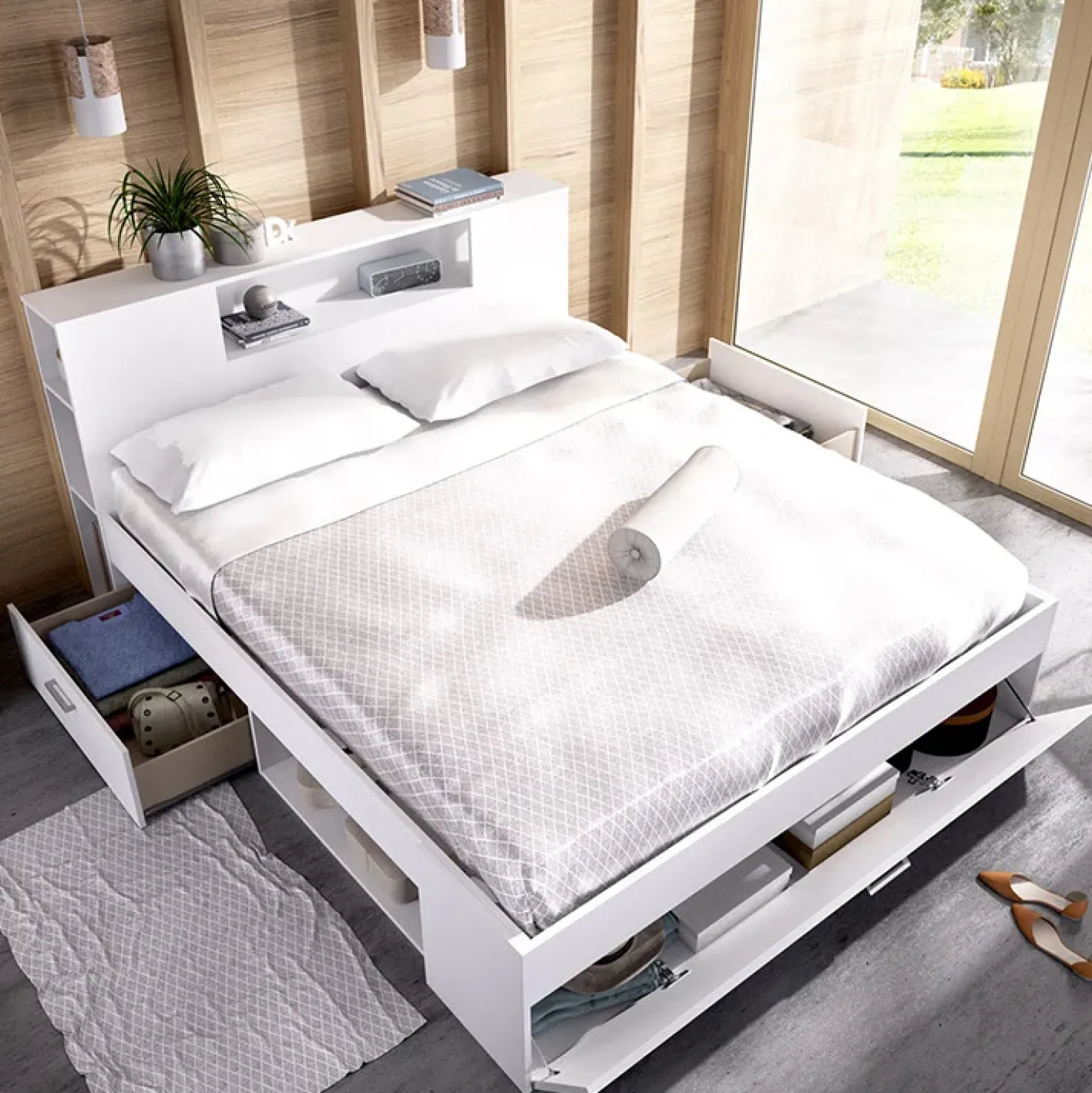 Garnero Arredamenti Letto matrimoniale 160x200cm con cassettoni e libreria Nolito Bianco Opaco