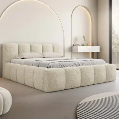 Garnero Arredamenti Letto matrimoniale 160x200cm con rete contenitore imbottito tessuto bouclé beige Aluna Tessuto Abriamo Beige New