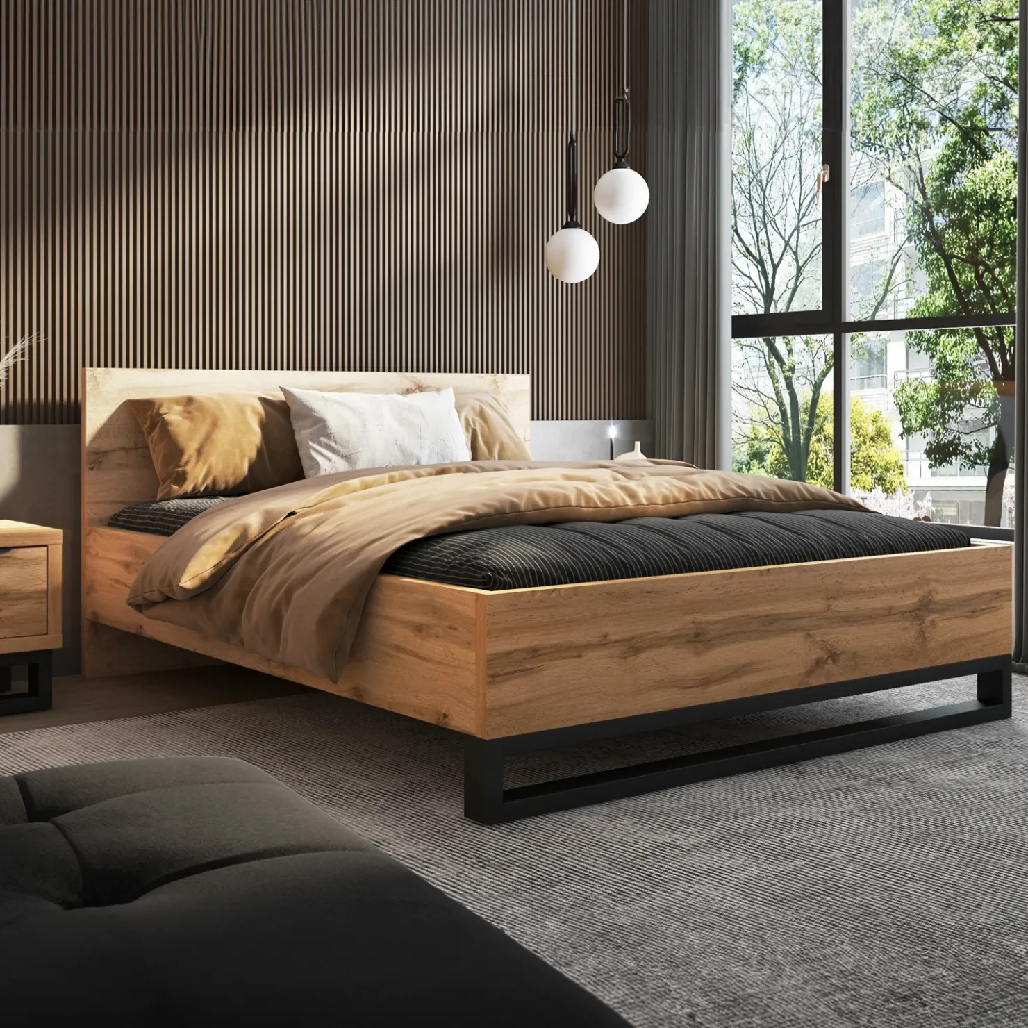 Garnero Arredamenti Letto matrimoniale 160x200cm rovere metallo nero industrial Petra Outlet