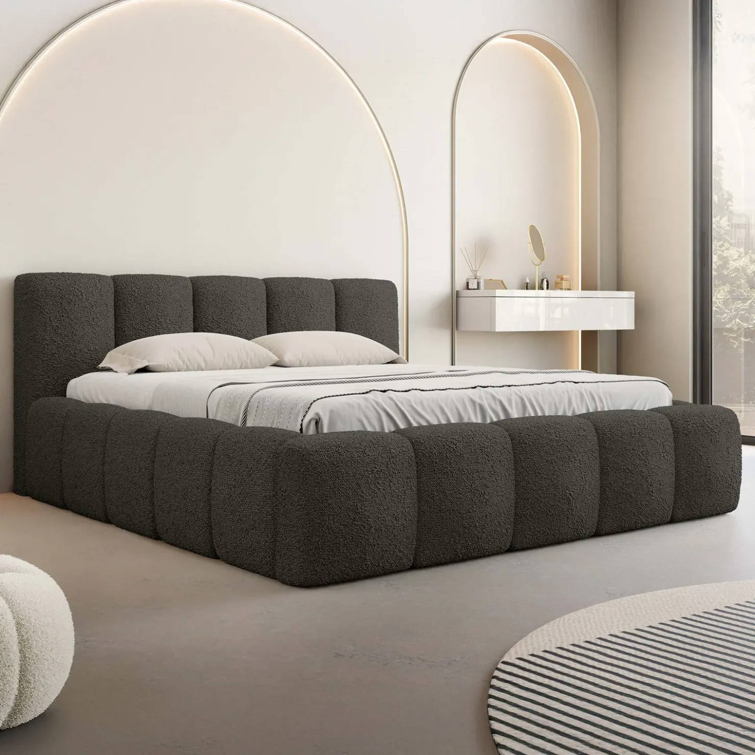 Garnero Arredamenti Letto oversize 180x200cm con rete contenitore imbottito tessuto bouclé nero Aluna Tessuto Abriamo nero Hot