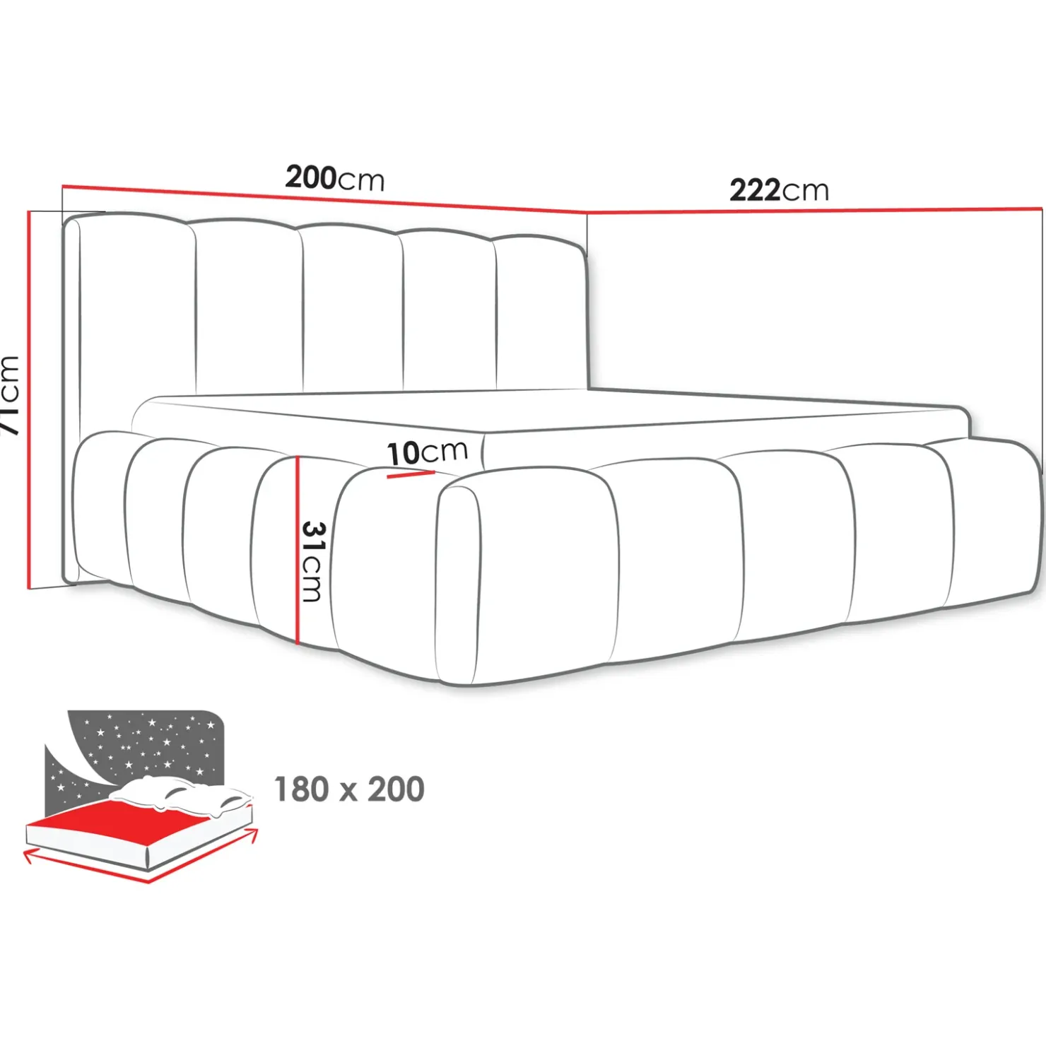 Garnero Arredamenti Letto oversize 180x200cm con rete contenitore imbottito tessuto bouclé nero Aluna Tessuto Abriamo nero Hot