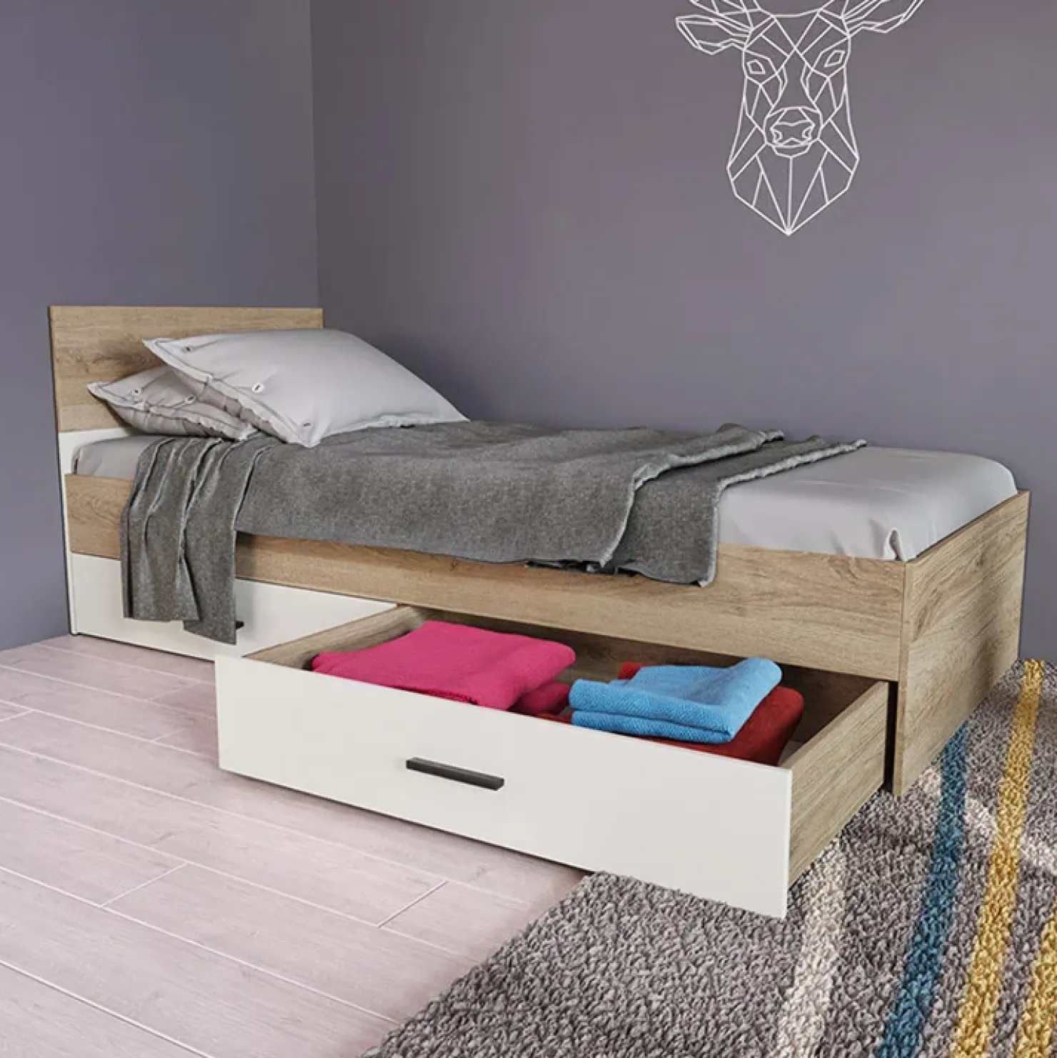 Garnero Arredamenti Letto singolo 90x200cm 2 cassetti rovere beige champagne Fabio Gihome® Discount