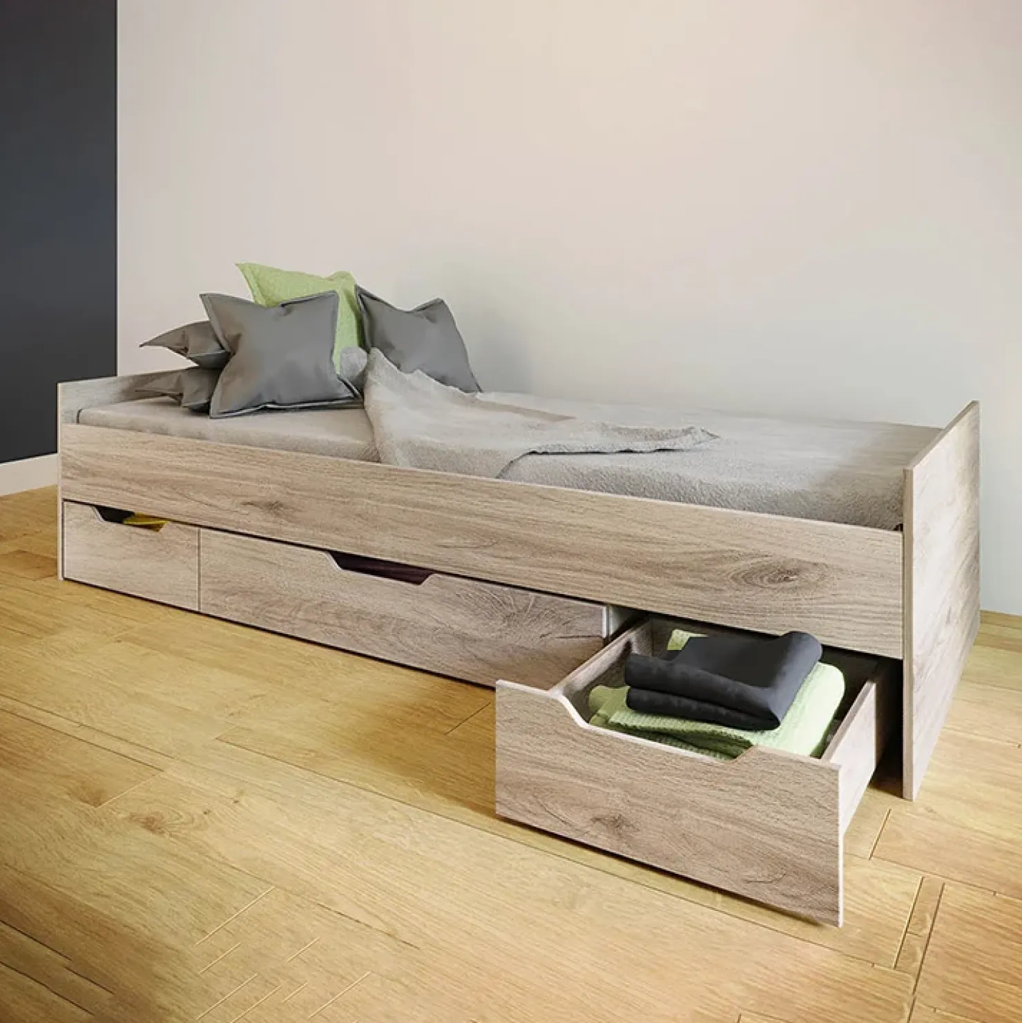 Garnero Arredamenti Letto singolo 90x200cm 3 cassetti rovere chiaro Kabala Best