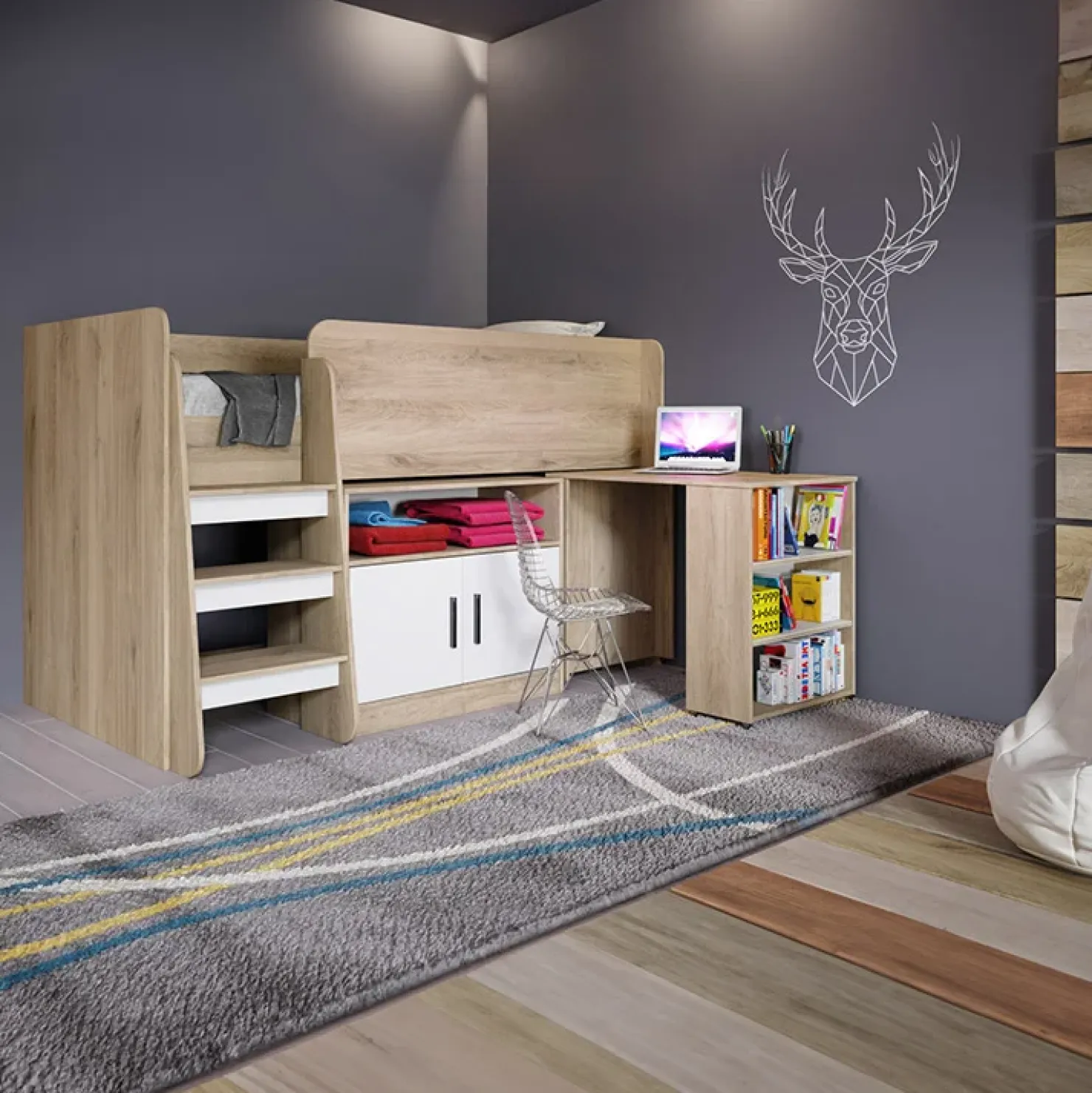 Garnero Arredamenti Letto singolo 90x200cm a soppalco rovere sonoma bianco opaco Erick Hot