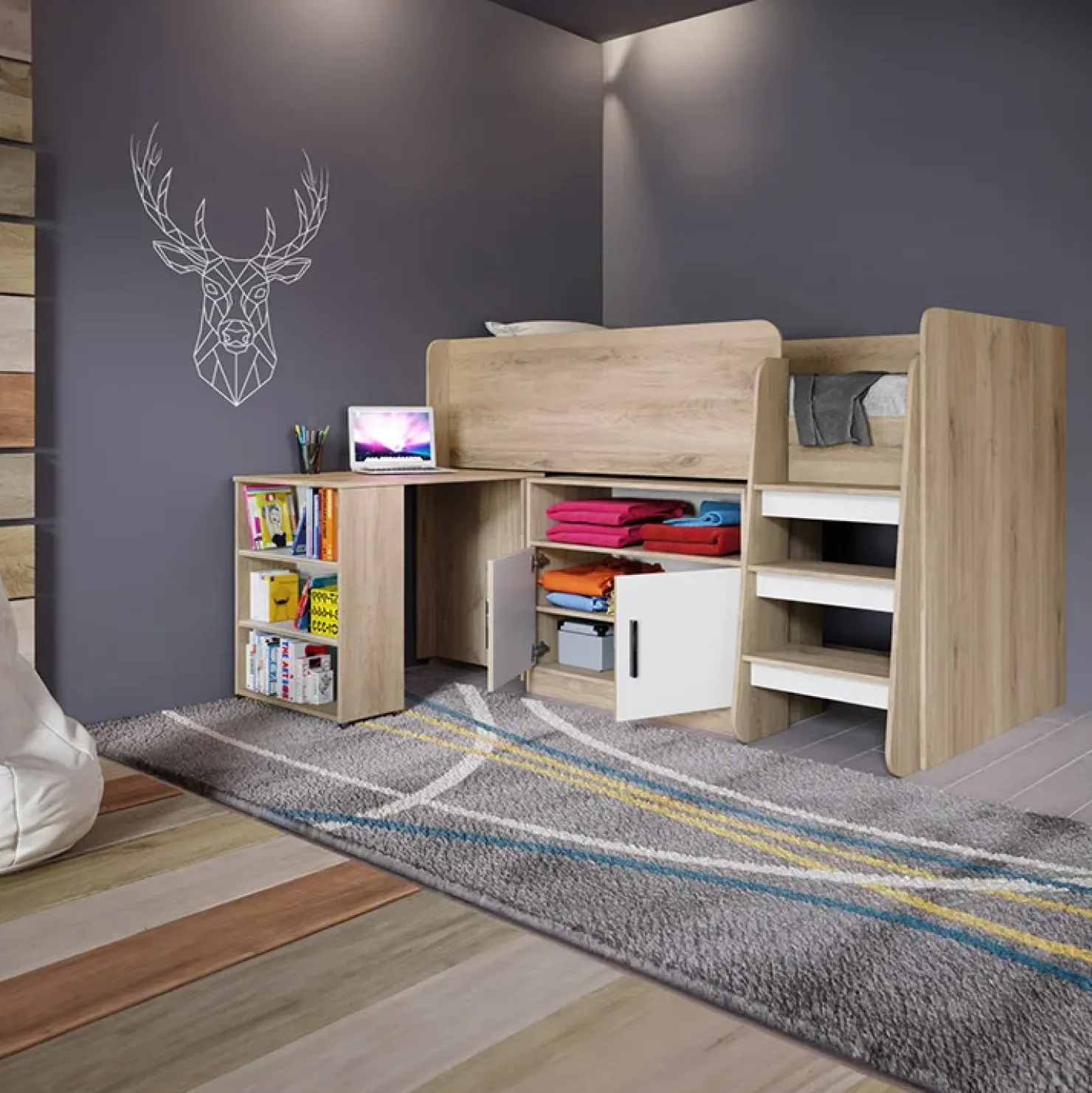 Garnero Arredamenti Letto singolo 90x200cm a soppalco rovere sonoma bianco opaco Erick Hot