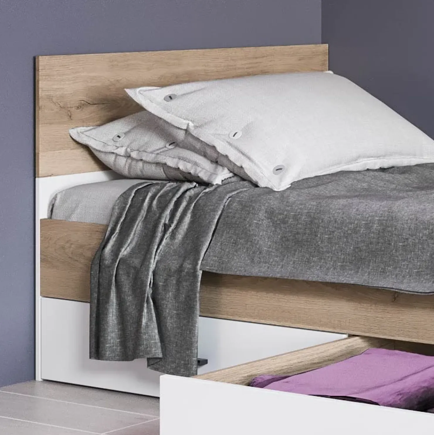 Garnero Arredamenti Letto singolo 90x200cm con 2 cassetti rovere bianco opaco Fabrizio