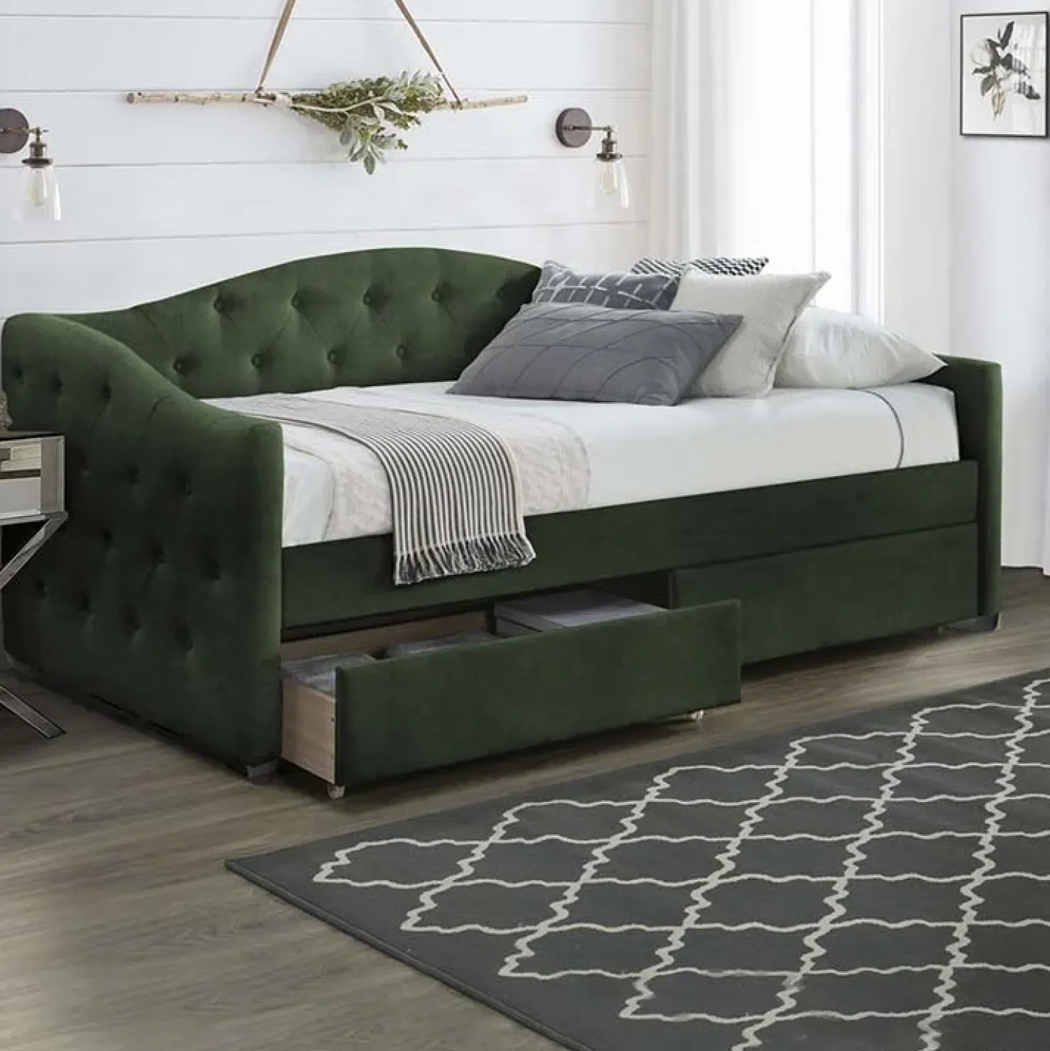 Garnero Arredamenti Letto singolo 90x200cm con cassetti in velluto Epic Verde Discount