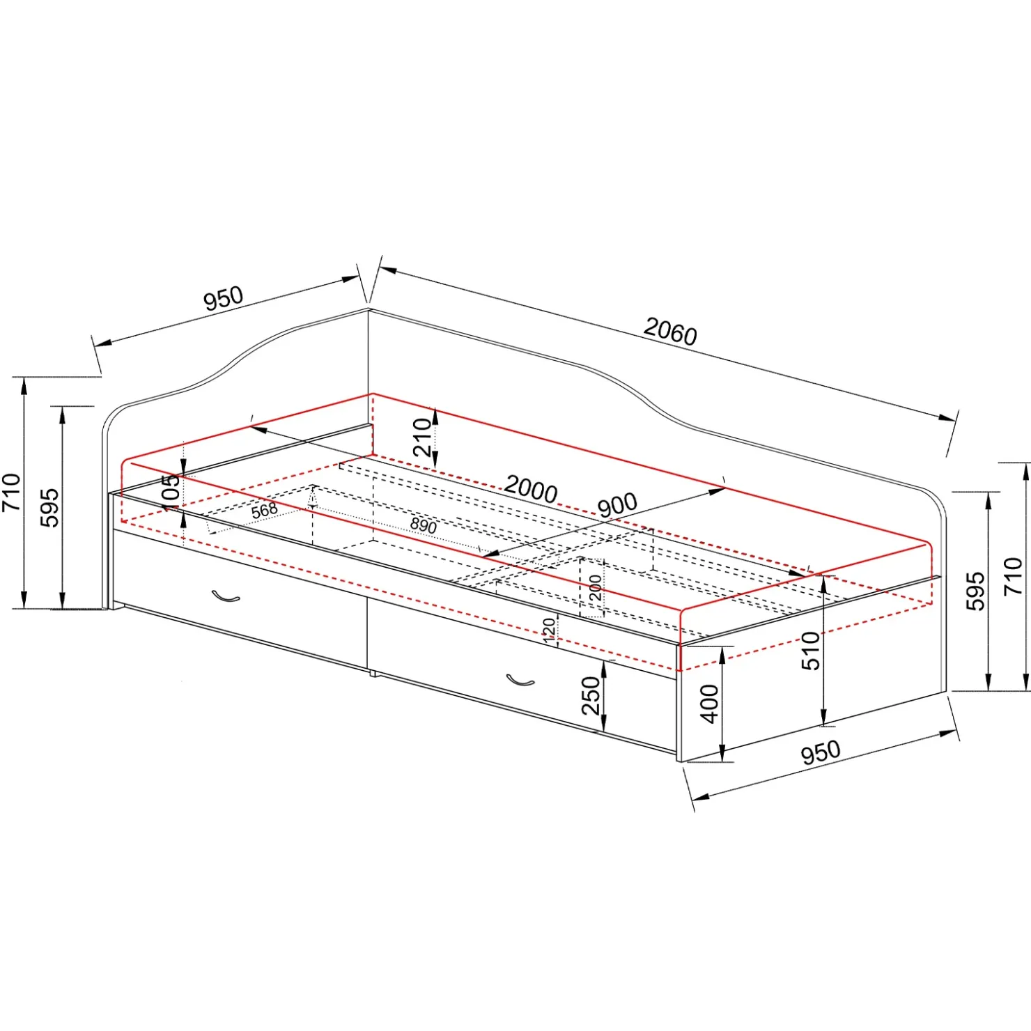 Garnero Arredamenti Letto singolo 90x200cm con cassettoni Beccaria Rovere Rustico Online