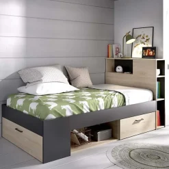 Garnero Arredamenti Letto singolo 90x190cm con cassettoni e libreria rovere grafite Derby Rovere - Antracite Outlet