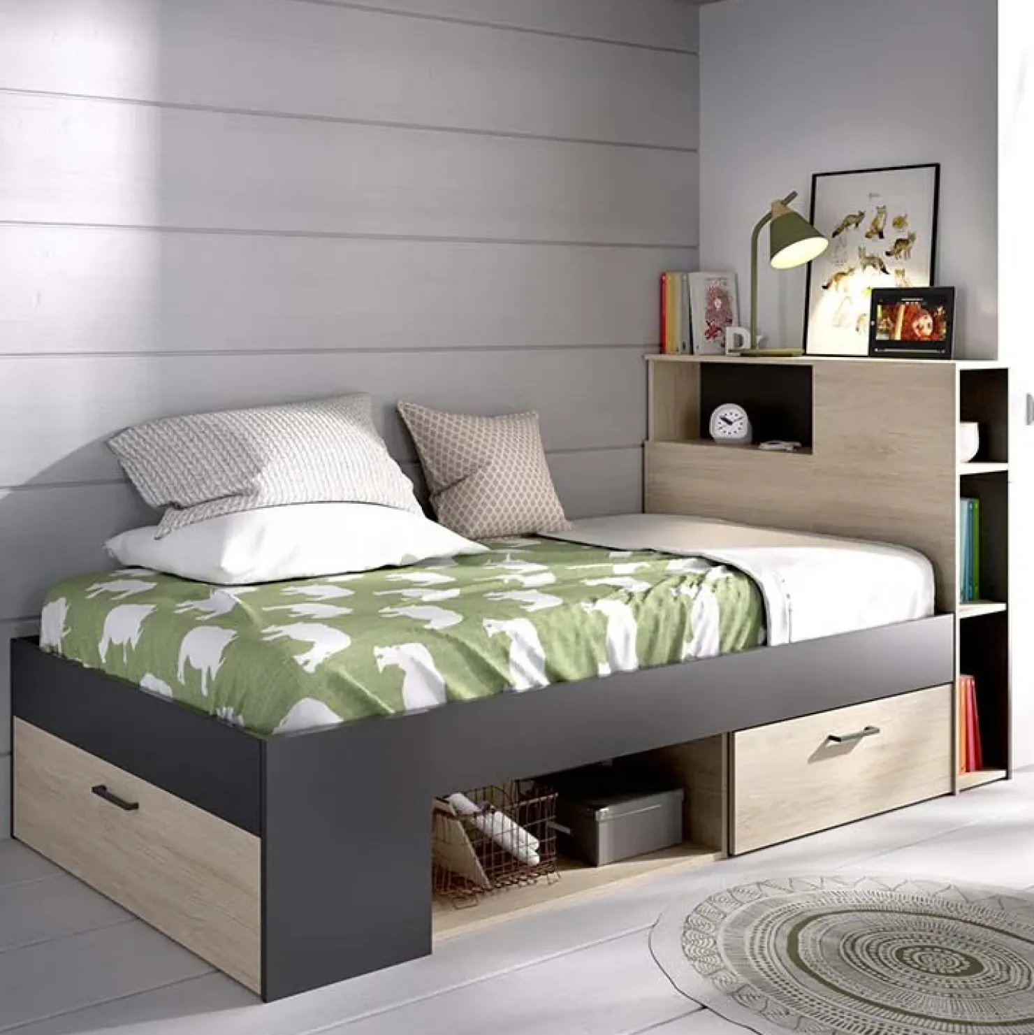 Garnero Arredamenti Letto singolo 90x190cm con cassettoni e libreria rovere grafite Derby Rovere - Antracite Outlet