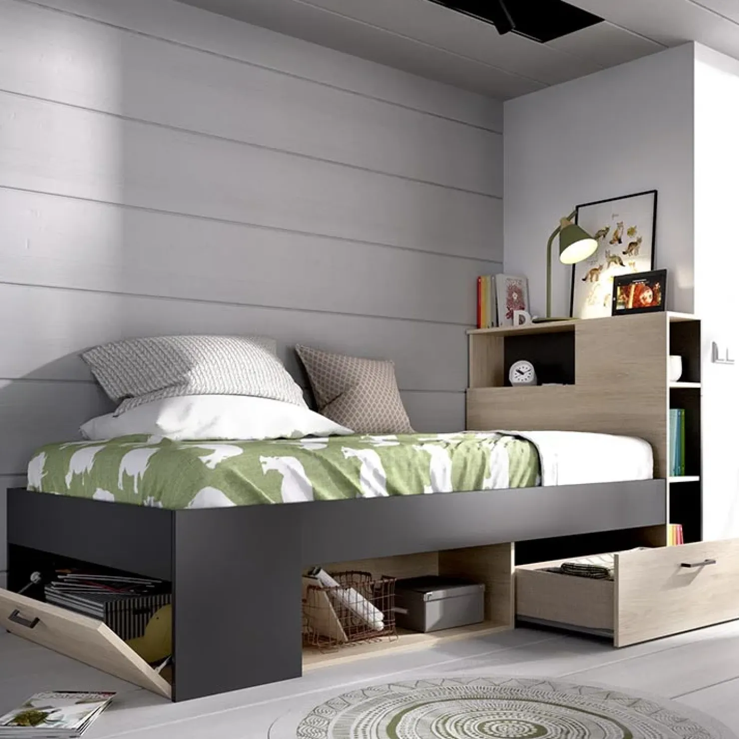 Garnero Arredamenti Letto singolo 90x190cm con cassettoni e libreria rovere grafite Derby Rovere - Antracite Outlet