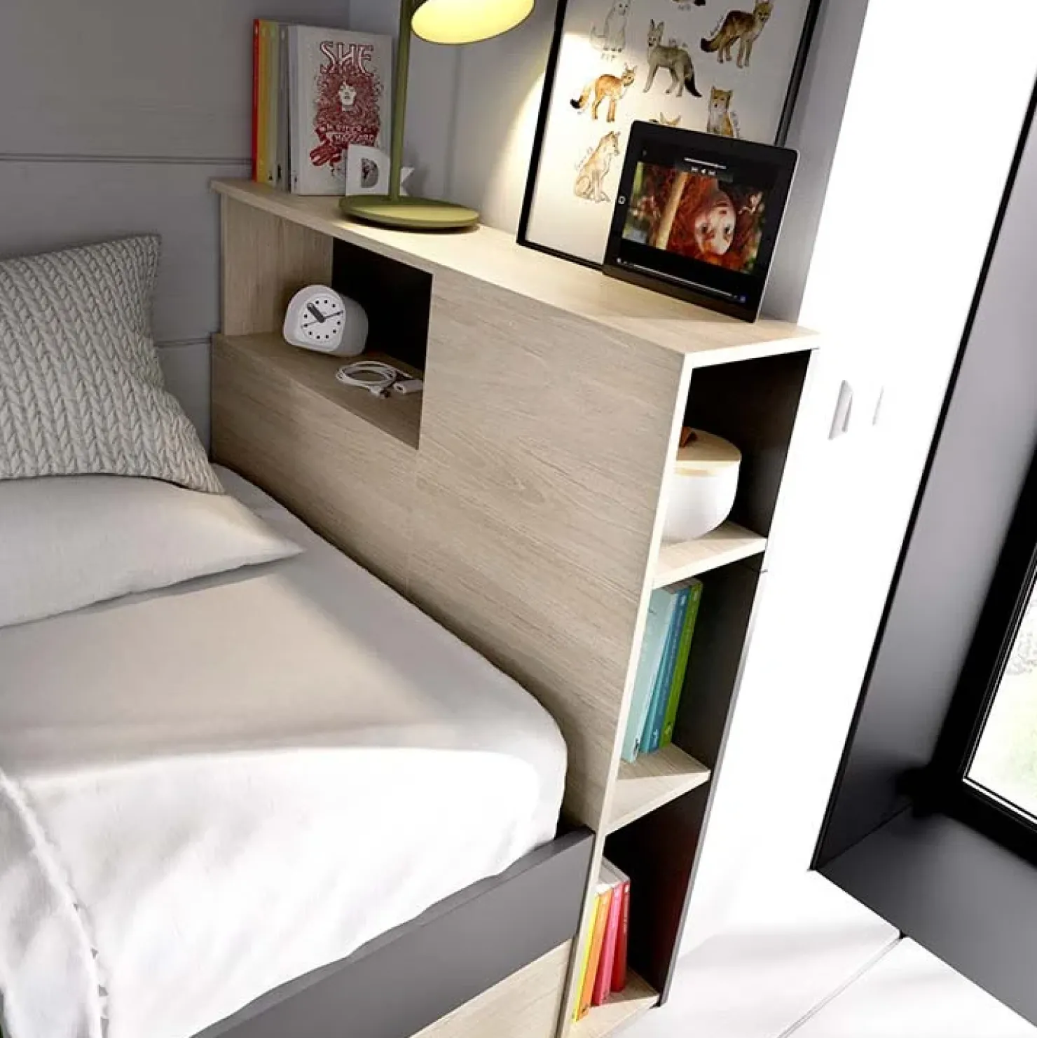 Garnero Arredamenti Letto singolo 90x190cm con cassettoni e libreria rovere grafite Derby Rovere - Antracite Outlet