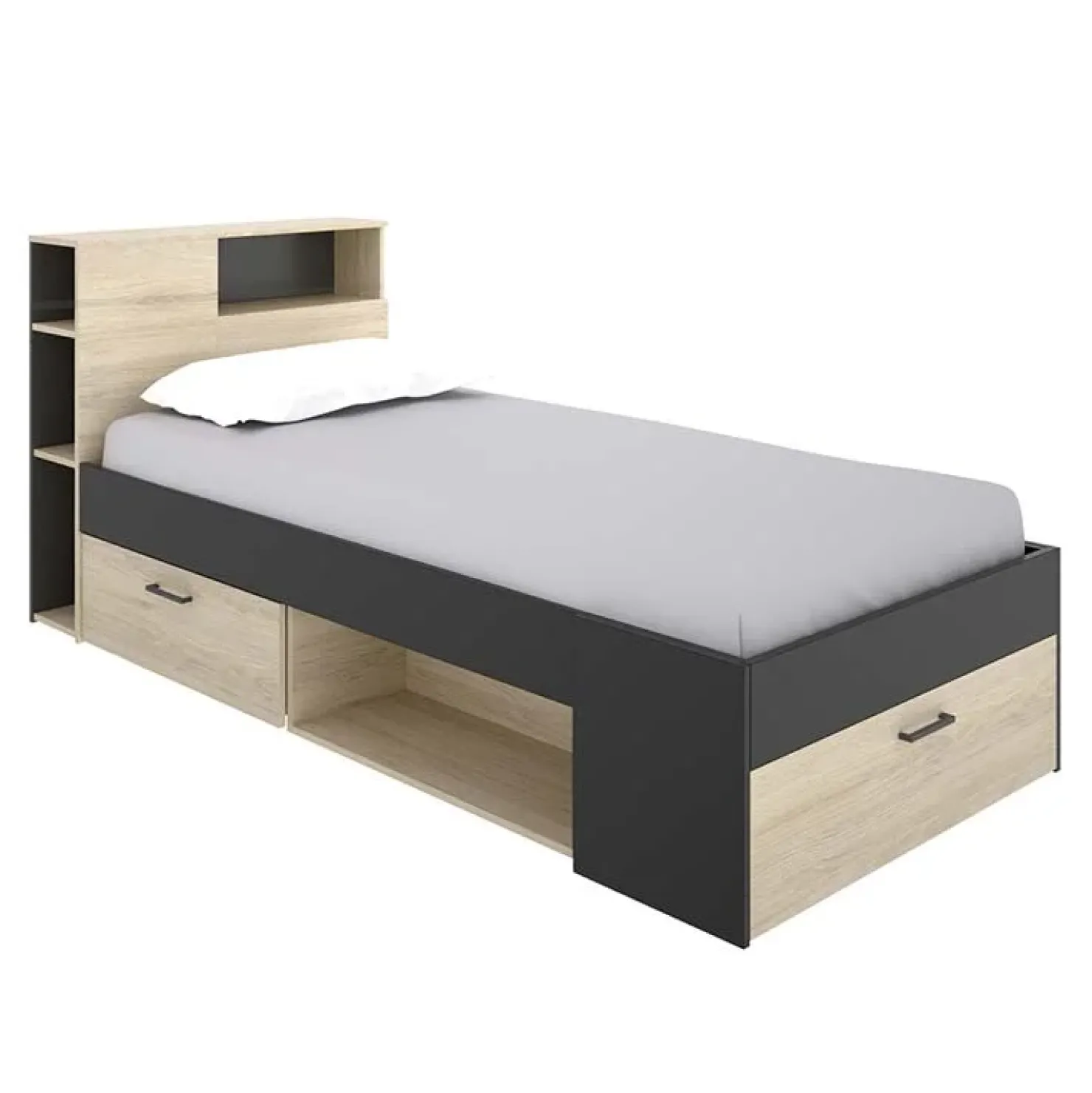 Garnero Arredamenti Letto singolo 90x190cm con cassettoni e libreria rovere grafite Derby Rovere - Antracite Outlet