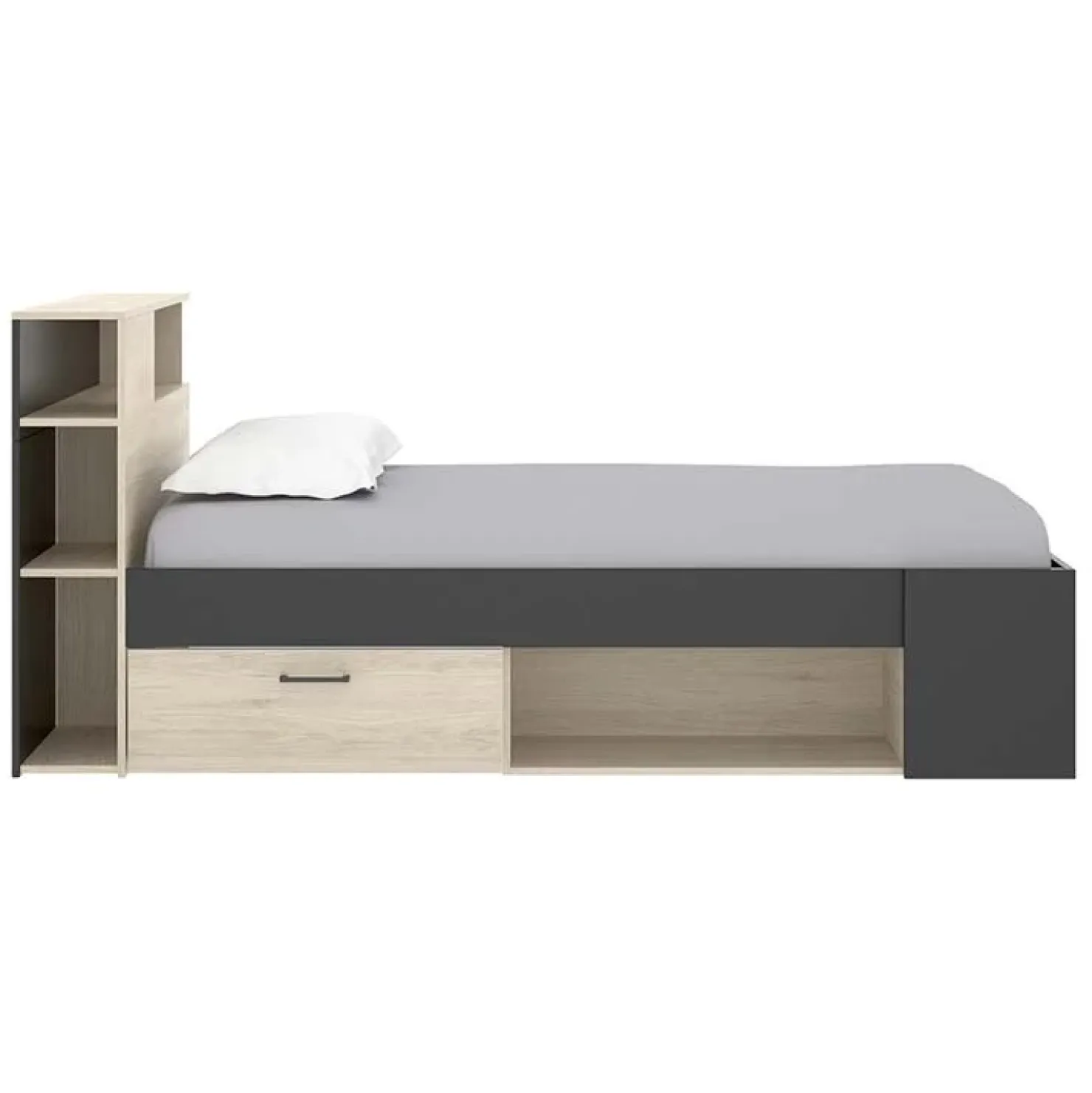Garnero Arredamenti Letto singolo 90x190cm con cassettoni e libreria rovere grafite Derby Rovere - Antracite Outlet