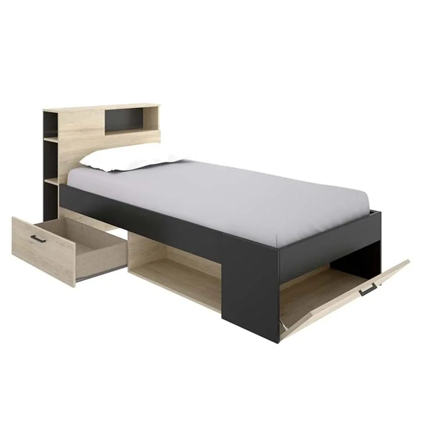 Garnero Arredamenti Letto singolo 90x190cm con cassettoni e libreria rovere grafite Derby Rovere - Antracite Outlet