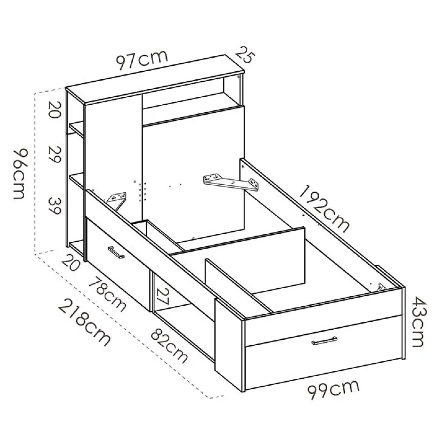 Garnero Arredamenti Letto singolo 90x190cm con cassettoni e libreria rovere grafite Derby Rovere - Antracite Outlet
