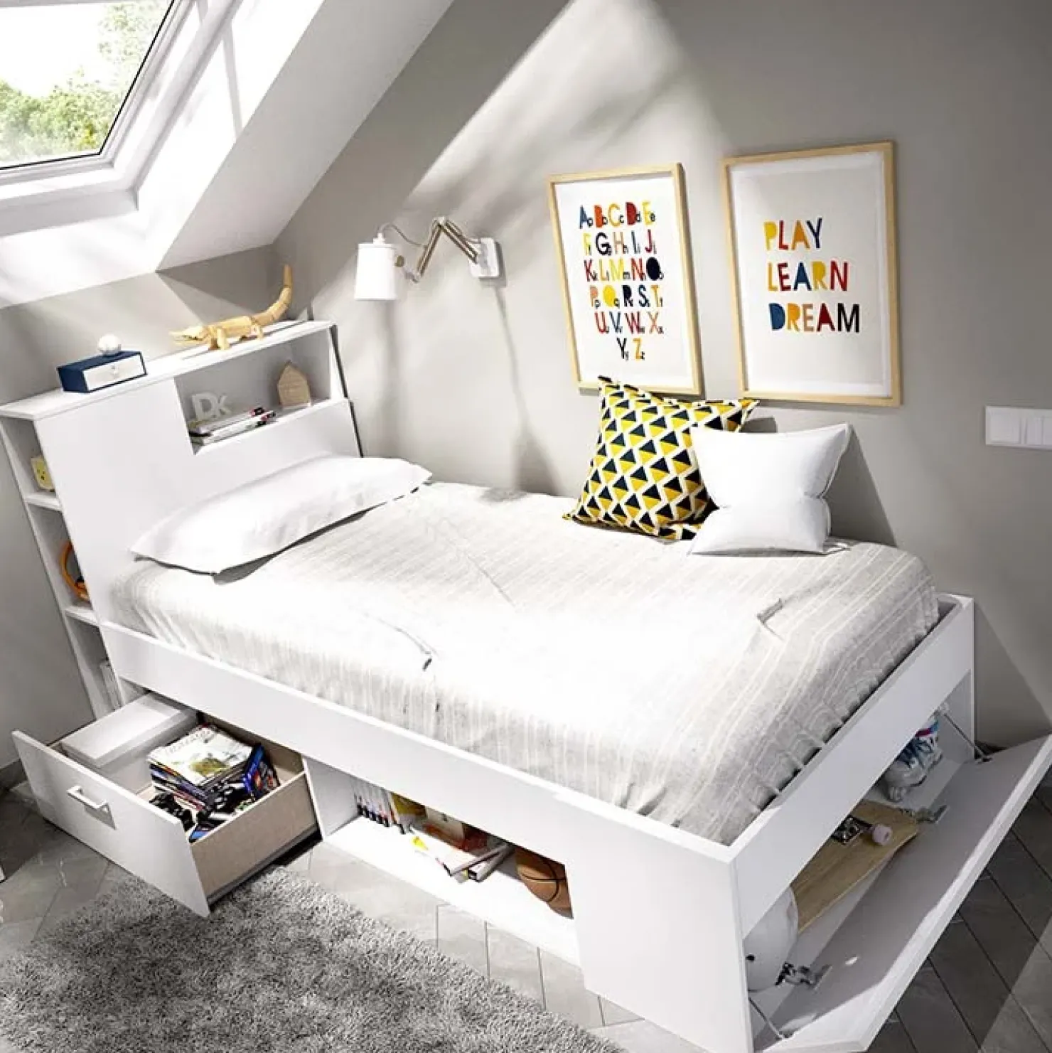 Garnero Arredamenti Letto singolo 90x190cm reversibile 2 cassetti con libreria bianco Derby Bianco Opaco Best