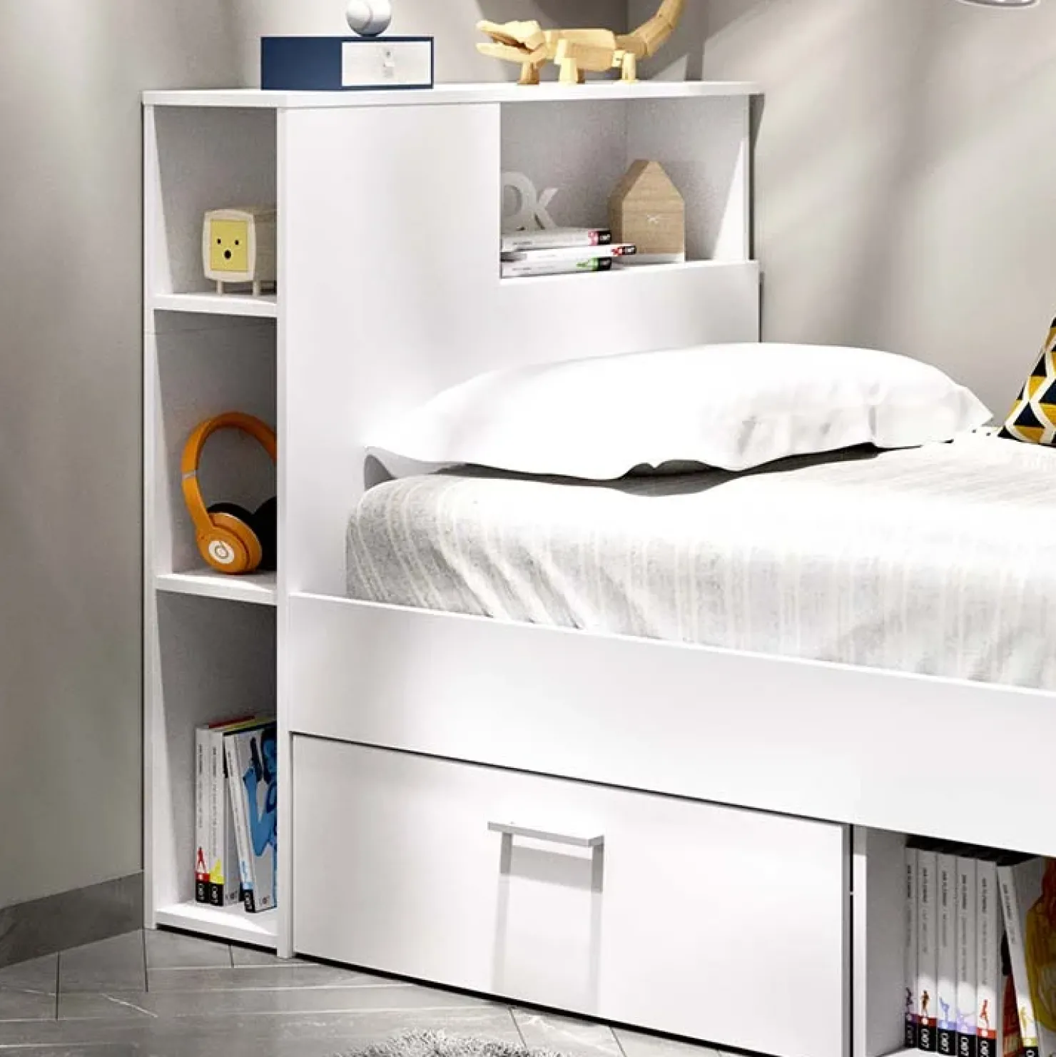 Garnero Arredamenti Letto singolo 90x190cm reversibile 2 cassetti con libreria bianco Derby Bianco Opaco Best