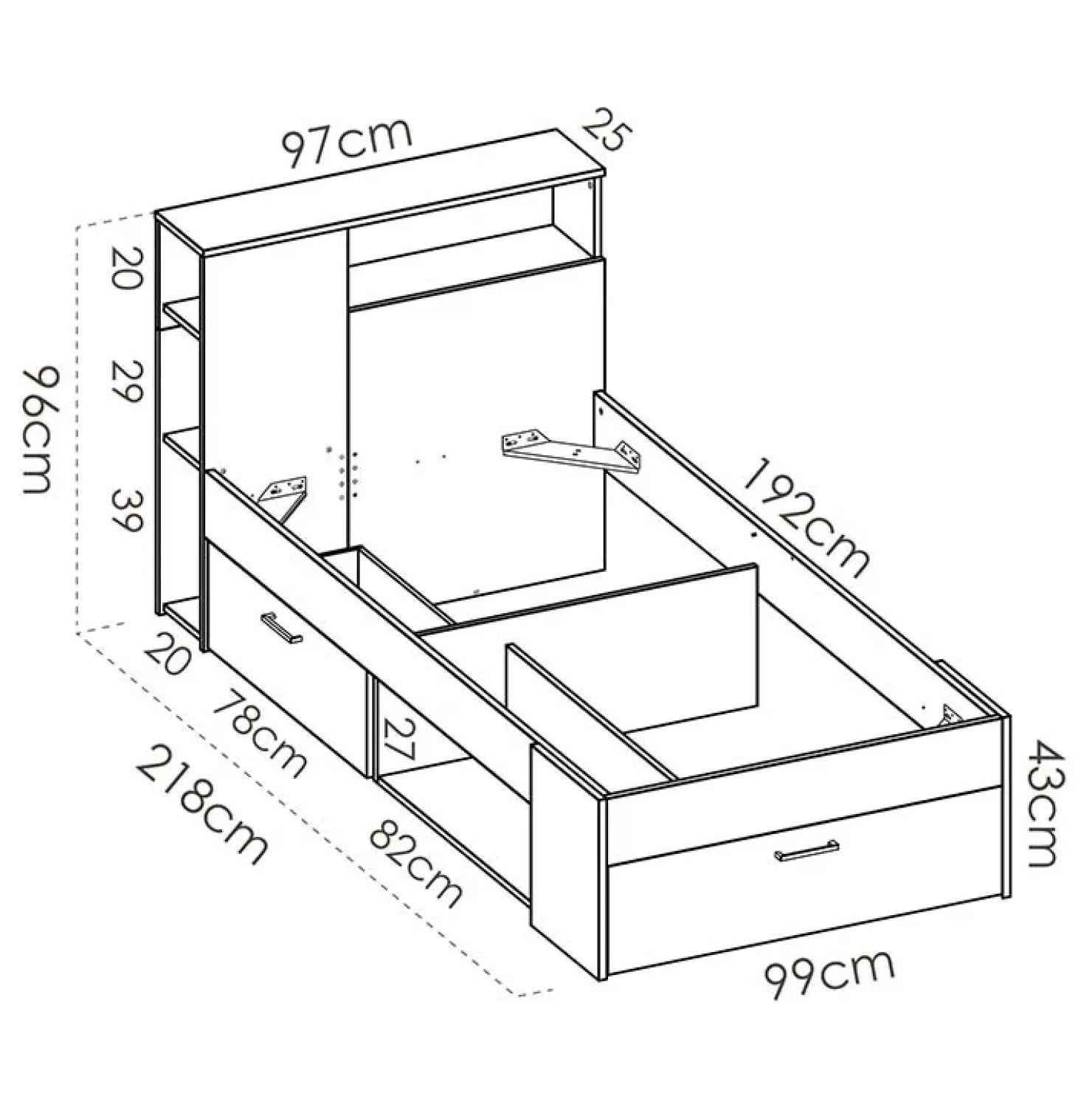 Garnero Arredamenti Letto singolo 90x190cm reversibile 2 cassetti con libreria bianco Derby Bianco Opaco Best