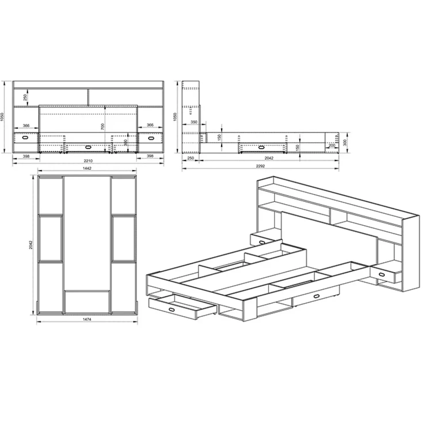 Garnero Arredamenti Letto 140x200cm alla francese con cassettoni e libreria rovere sonoma Danubio Sale