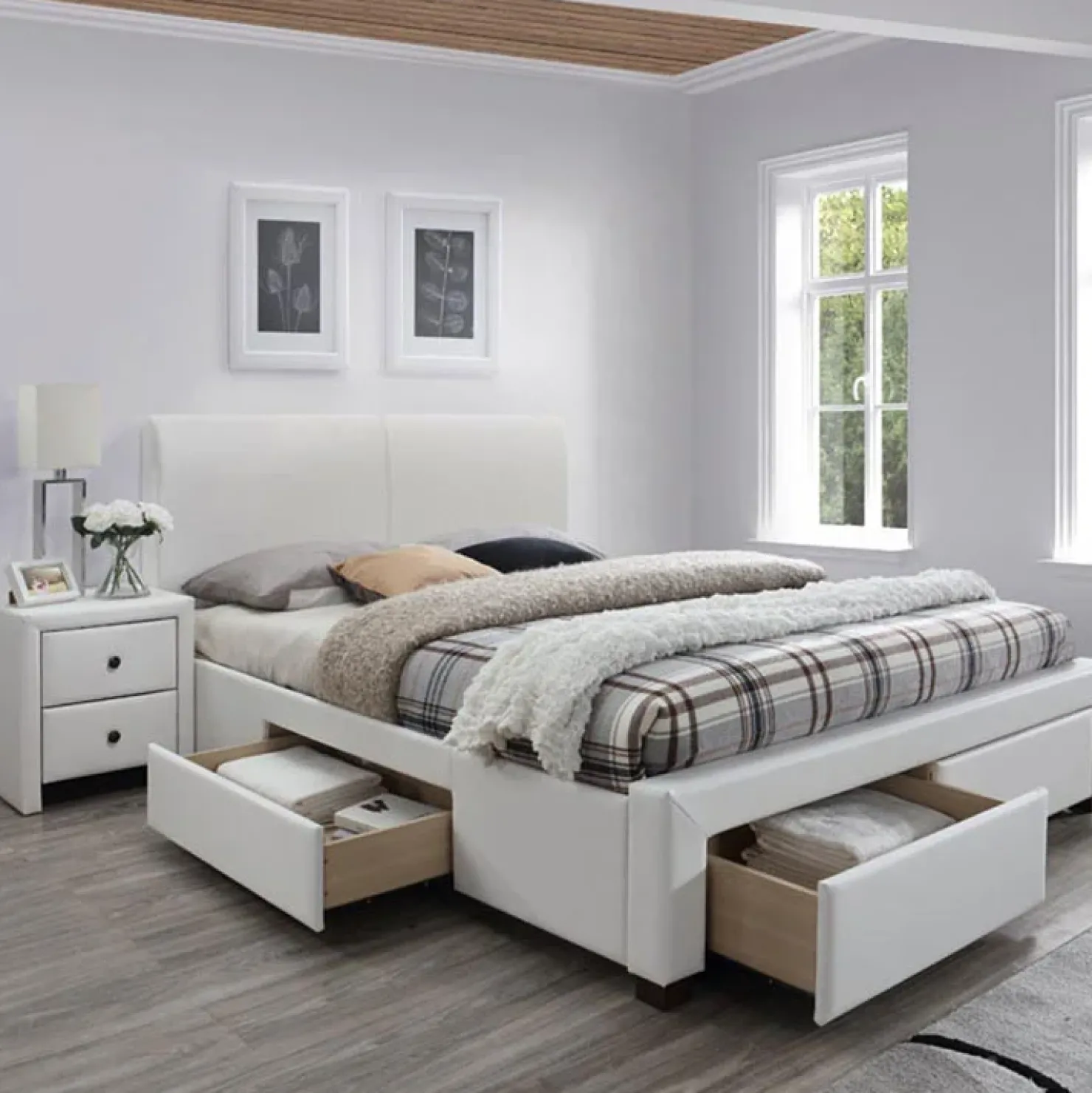 Garnero Arredamenti Letto 160x200cm matrimoniale con cassetti ecopelle bianco Mestre Gihome® Bianco Opaco Outlet