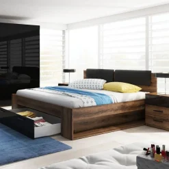 Garnero Arredamenti Letto 160x200cm matrimoniale con cassettone rovere nero lucido Cortina Gihome® Nero Lucido - Wengè Discount