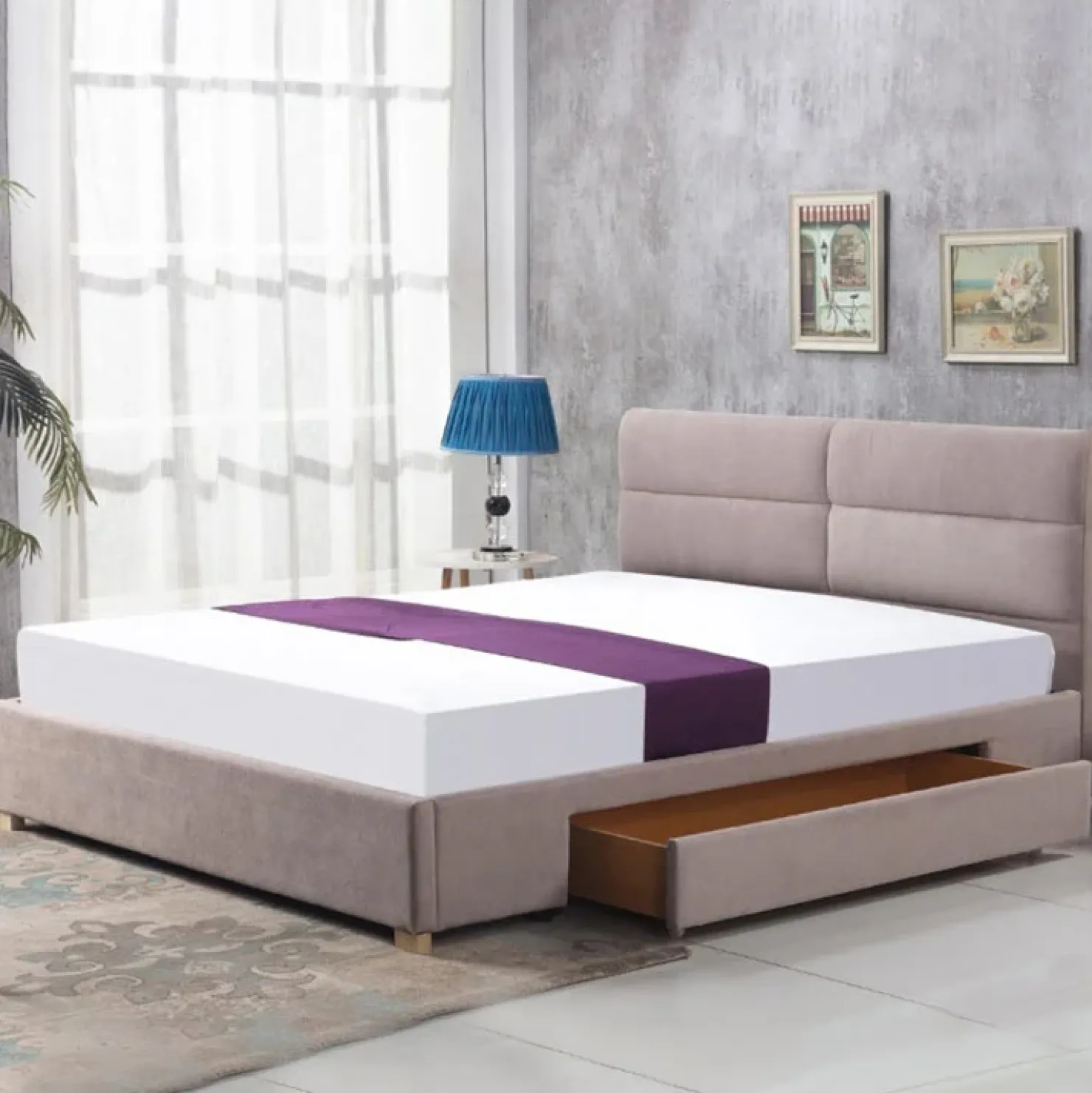 Garnero Arredamenti Letto 160x200cm matrimoniale con cassettone in tessuto Jelsi Gihome® Beige New