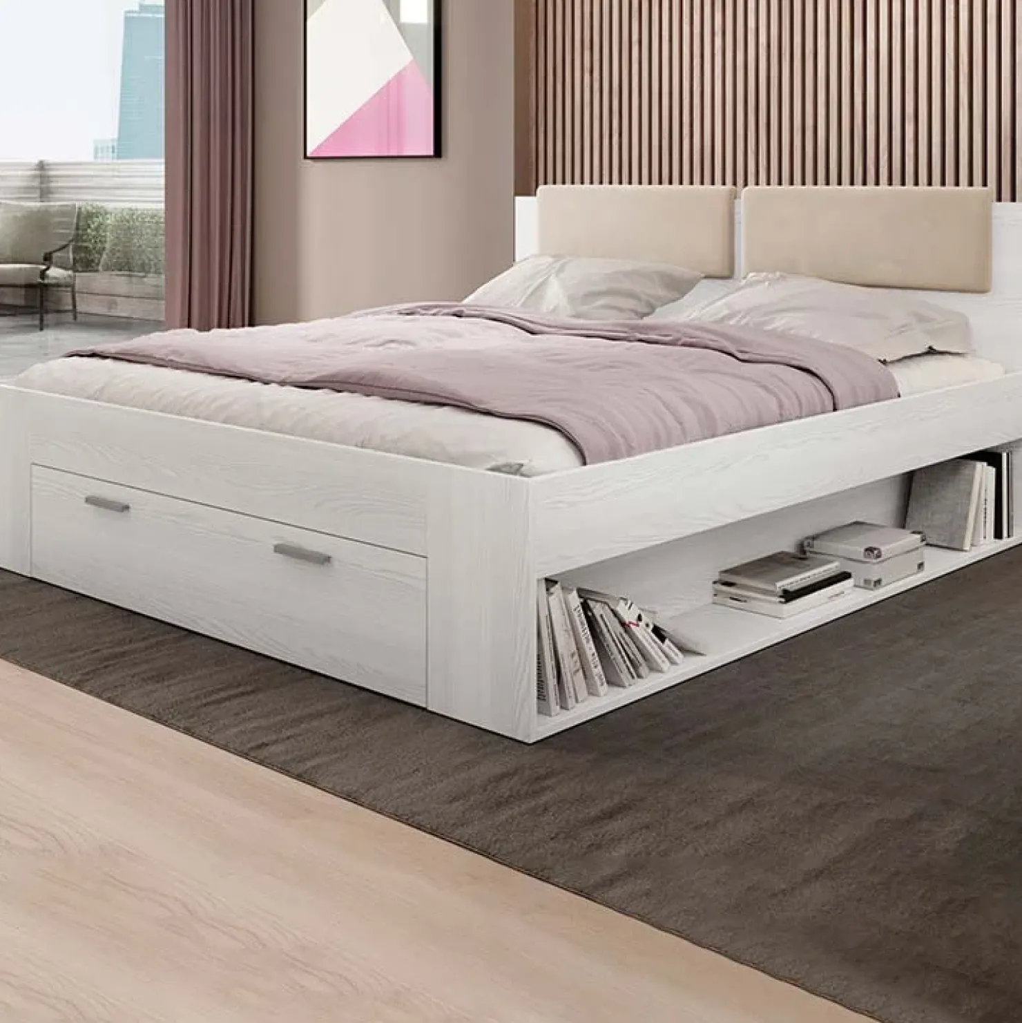 Garnero Arredamenti Letto 160x200cm matrimoniale con cassettone pino bianco beige Cortina Bianco Frassinato Online