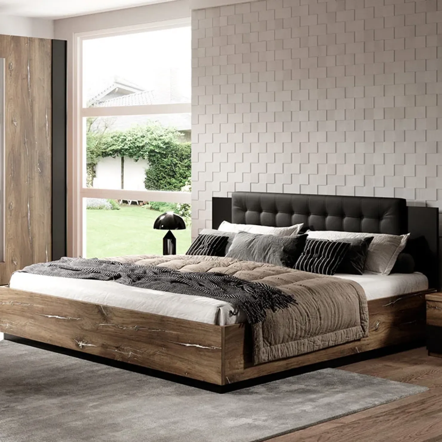 Garnero Arredamenti Letto 160x200cm matrimoniale rovere scuro nero Vulcano Rovere Rustico New