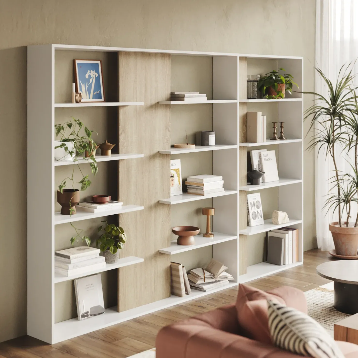 Garnero Arredamenti Libreria da parete 270x180h cm moderna soggiorno rovere bianco Libris Aline 3 Bianco Opaco - Rovere