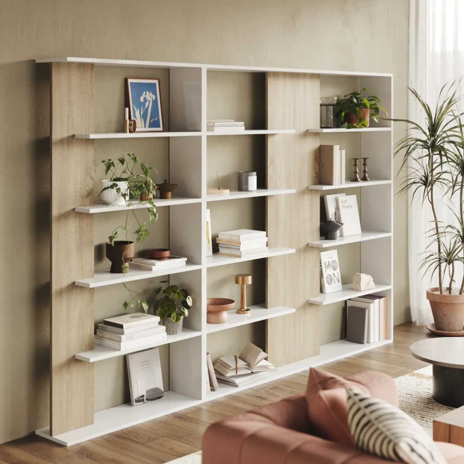 Garnero Arredamenti Libreria da parete 270x180h cm moderna soggiorno rovere bianco Biblio Aline 3 Bianco Opaco - Rovere Discount