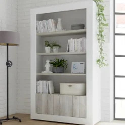 Garnero Arredamenti Libreria 110x190h cm 2 ante con ripiani moderna bianco lucido bianco frassinato Florena Bianco Frassinato - Bianco Lucido Outlet