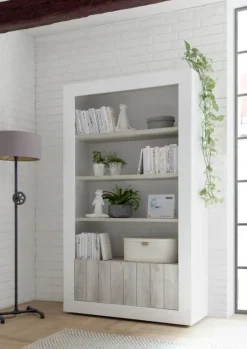 Garnero Arredamenti Libreria 110x190h cm 2 ante con ripiani moderna bianco lucido bianco frassinato Florena Bianco Frassinato - Bianco Lucido Outlet