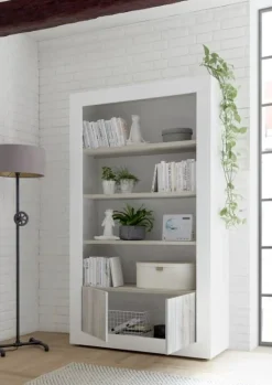 Garnero Arredamenti Libreria 110x190h cm 2 ante con ripiani moderna bianco lucido bianco frassinato Florena Bianco Frassinato - Bianco Lucido Outlet