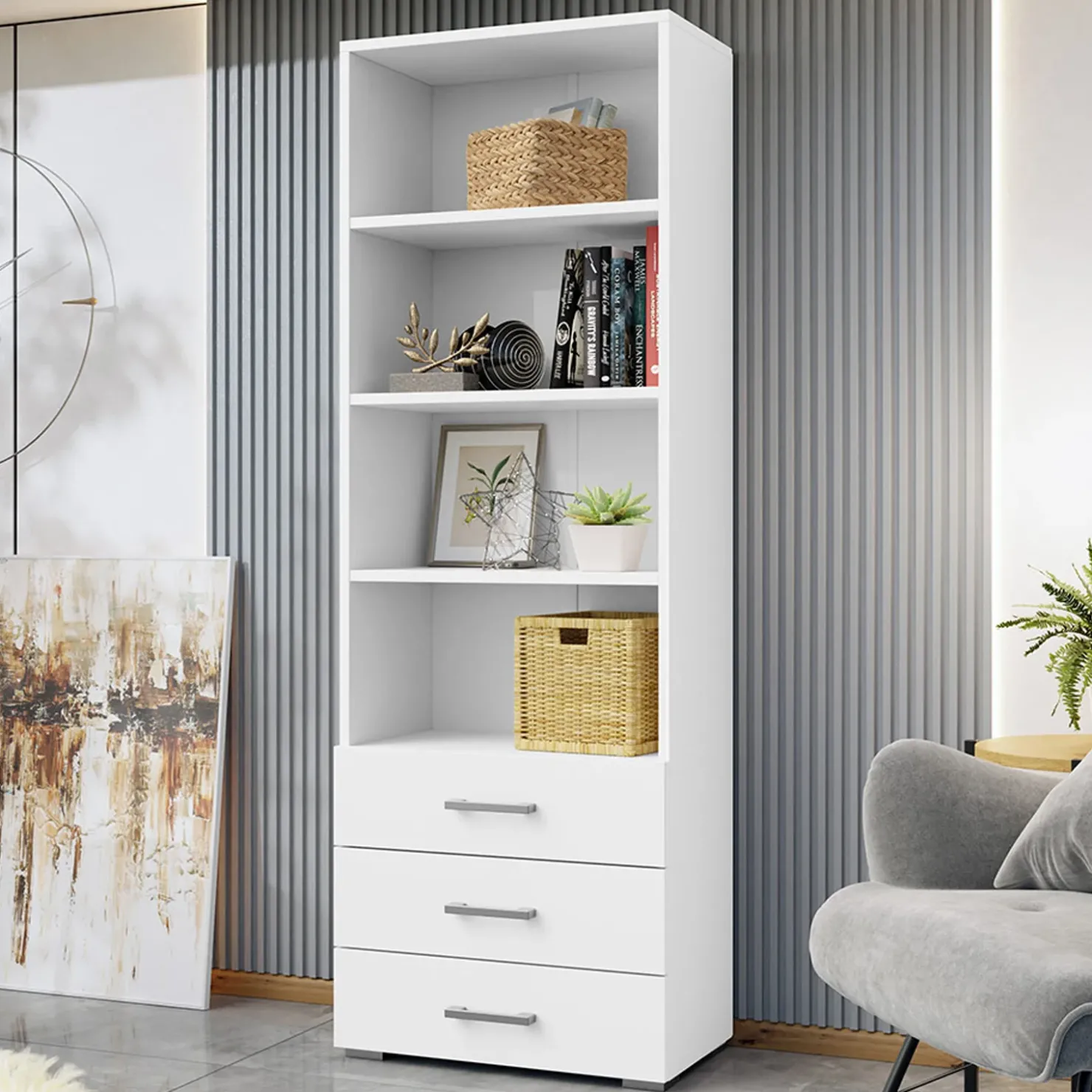 Garnero Arredamenti Libreria 63x190h cm 3 cassetti design moderno bianco Pastello Discount
